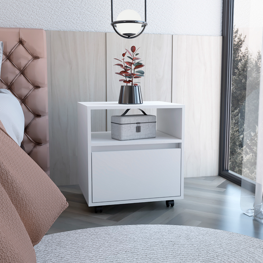 White modern nightstand with open shelf and drawer featuring a plant and storage box