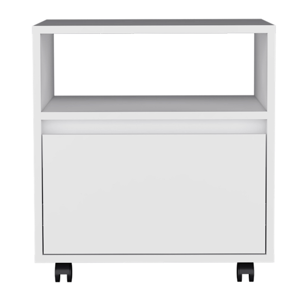 White modern filing cabinet with open shelf and drawer on wheels