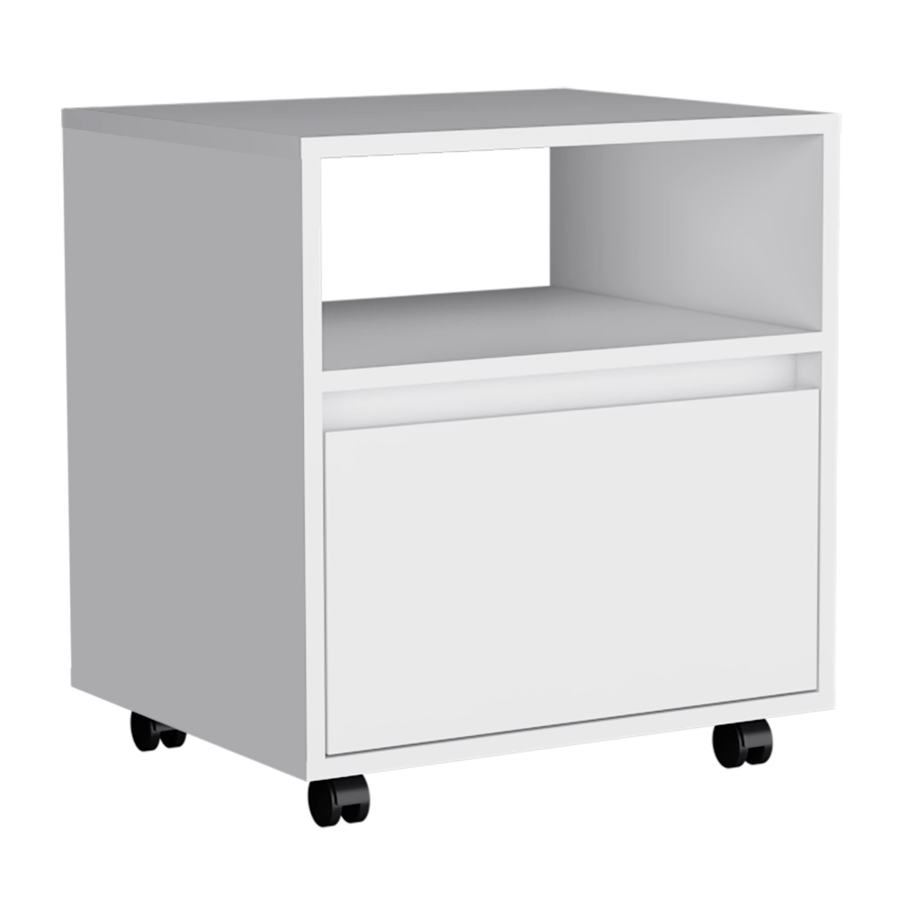 Modern white rolling filing cabinet with a top shelf and single drawer for office storage