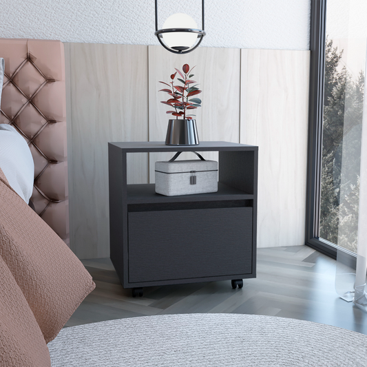 Dark gray modern nightstand with one drawer and open shelf featuring casters for mobility