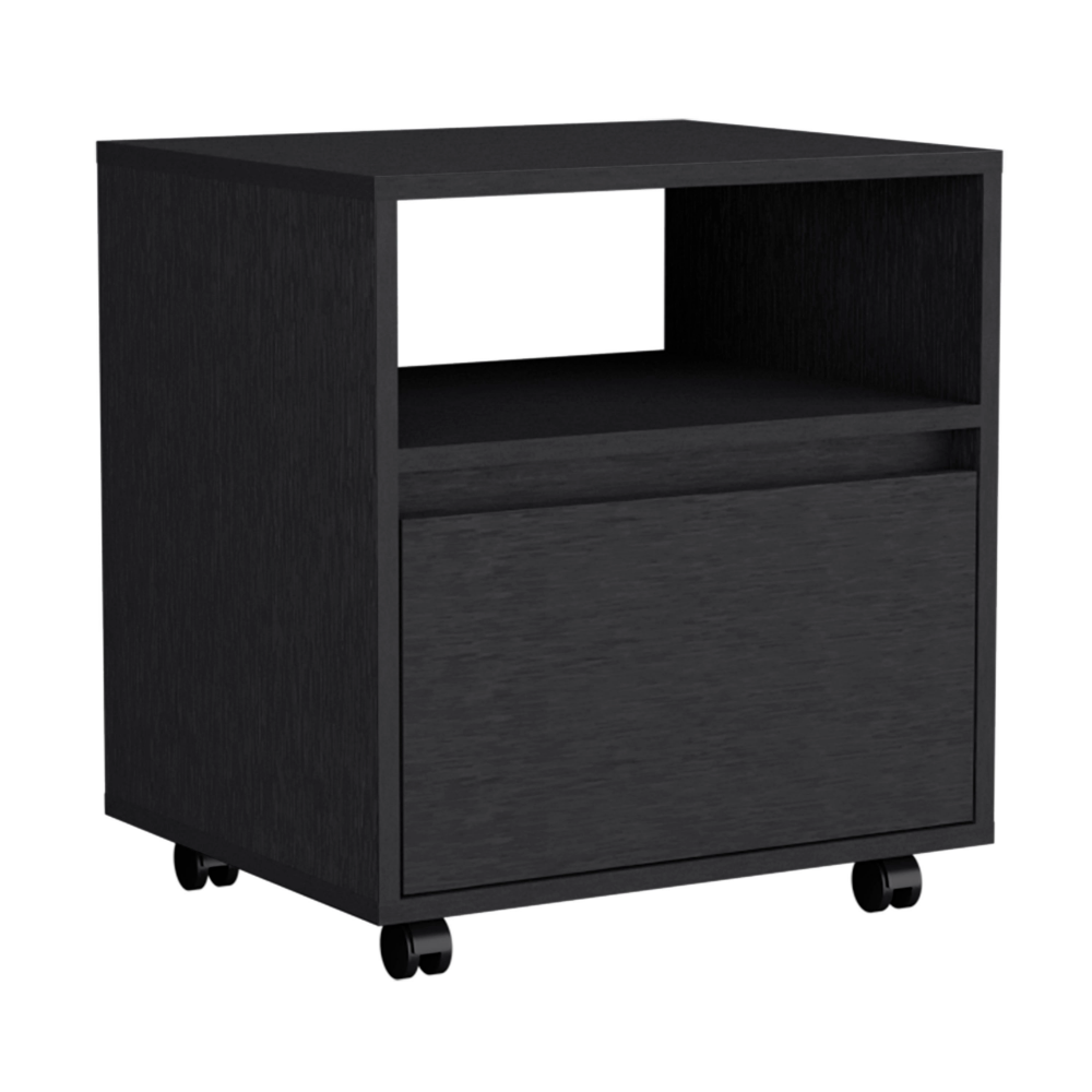 Black mobile filing cabinet with one drawer and open shelf