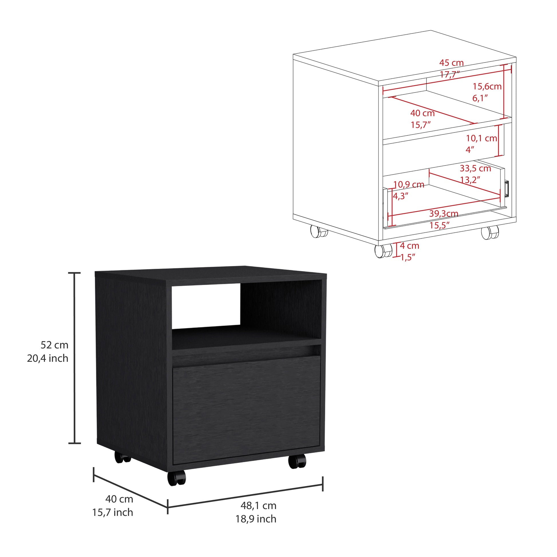 Black rolling filing cabinet with drawer and open shelf modern design