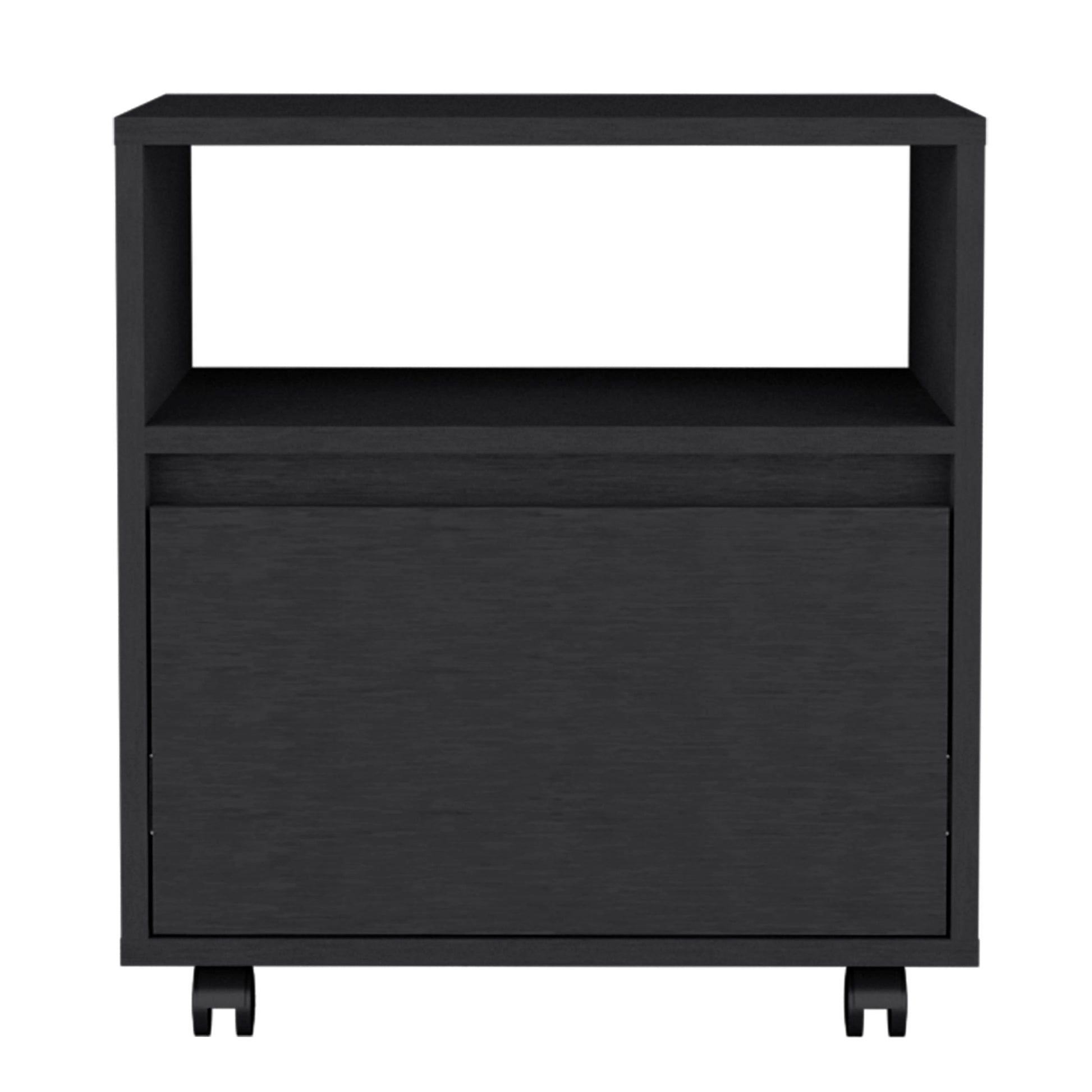Black modern filing cabinet with a single drawer and open top shelf on casters