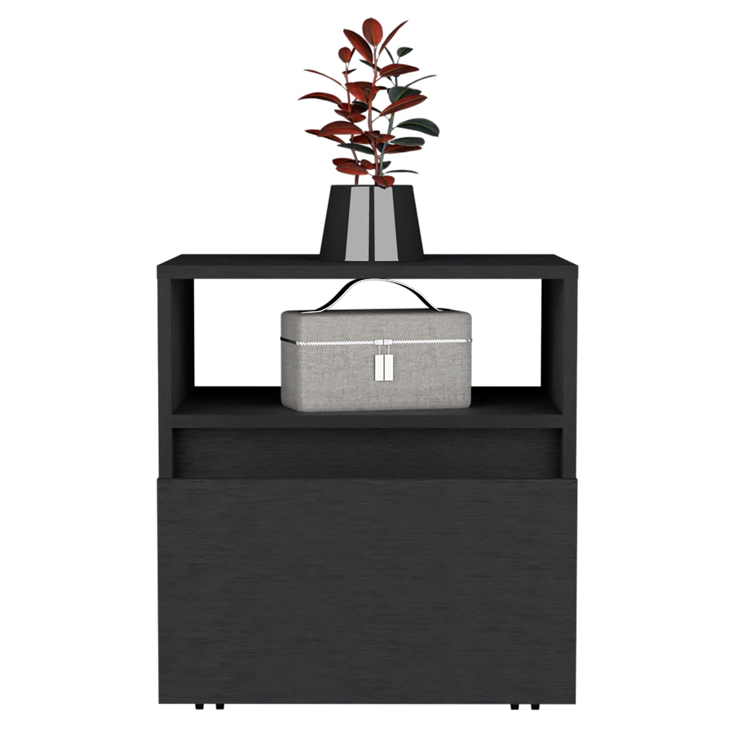 Modern black nightstand with a textured gray cosmetic bag and rubber plant