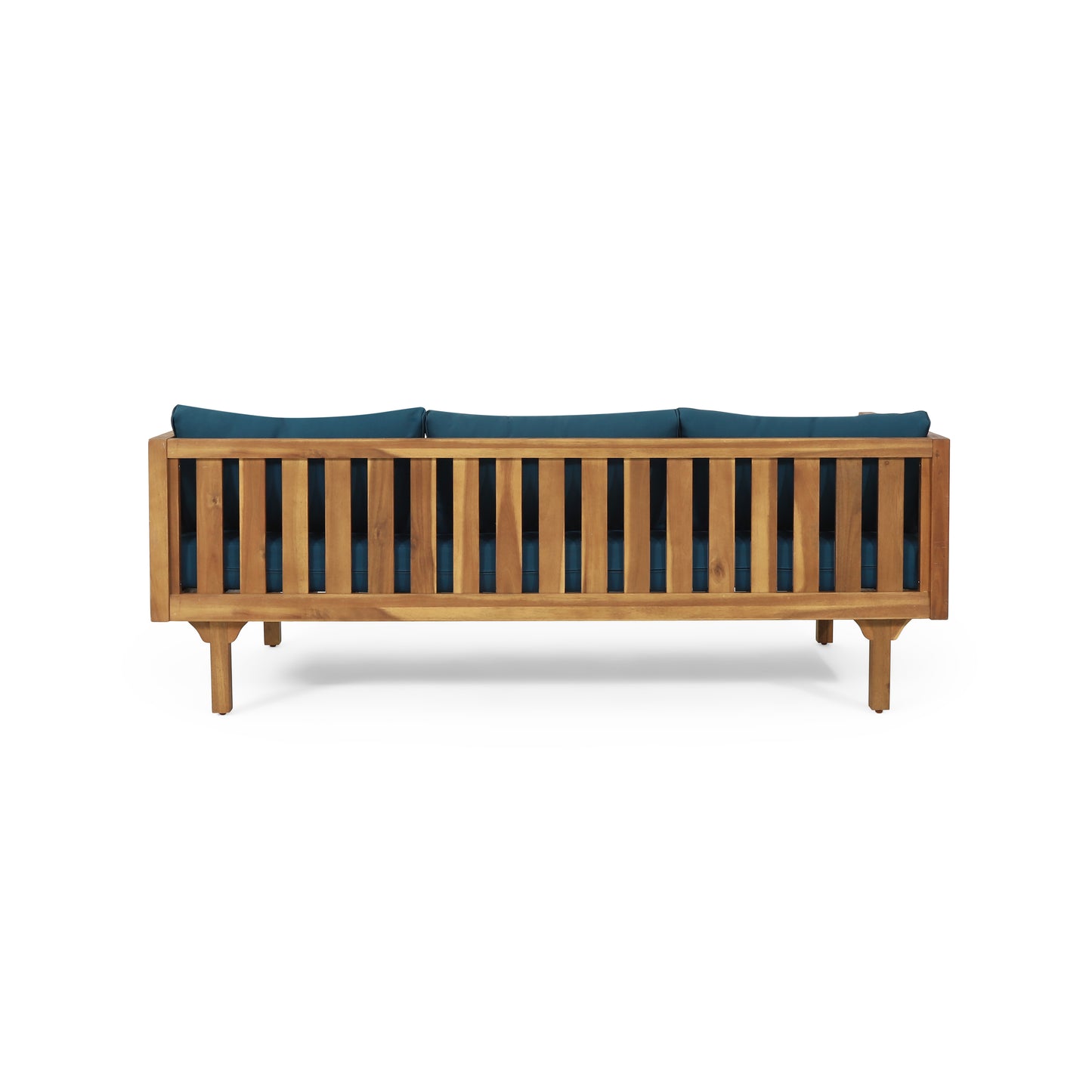 Acacia wood loveseat with teal cushions modern slatted design perfect for patio furniture