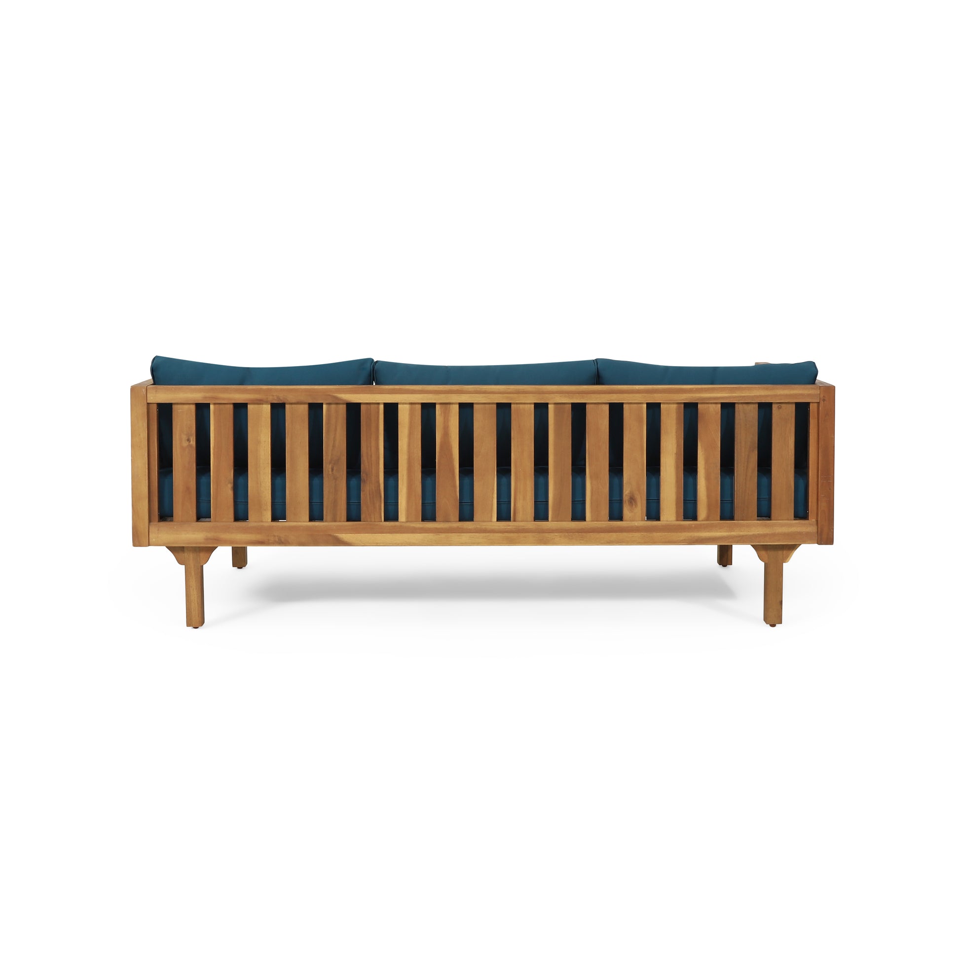Acacia wood loveseat with teal cushions modern slatted design perfect for patio furniture