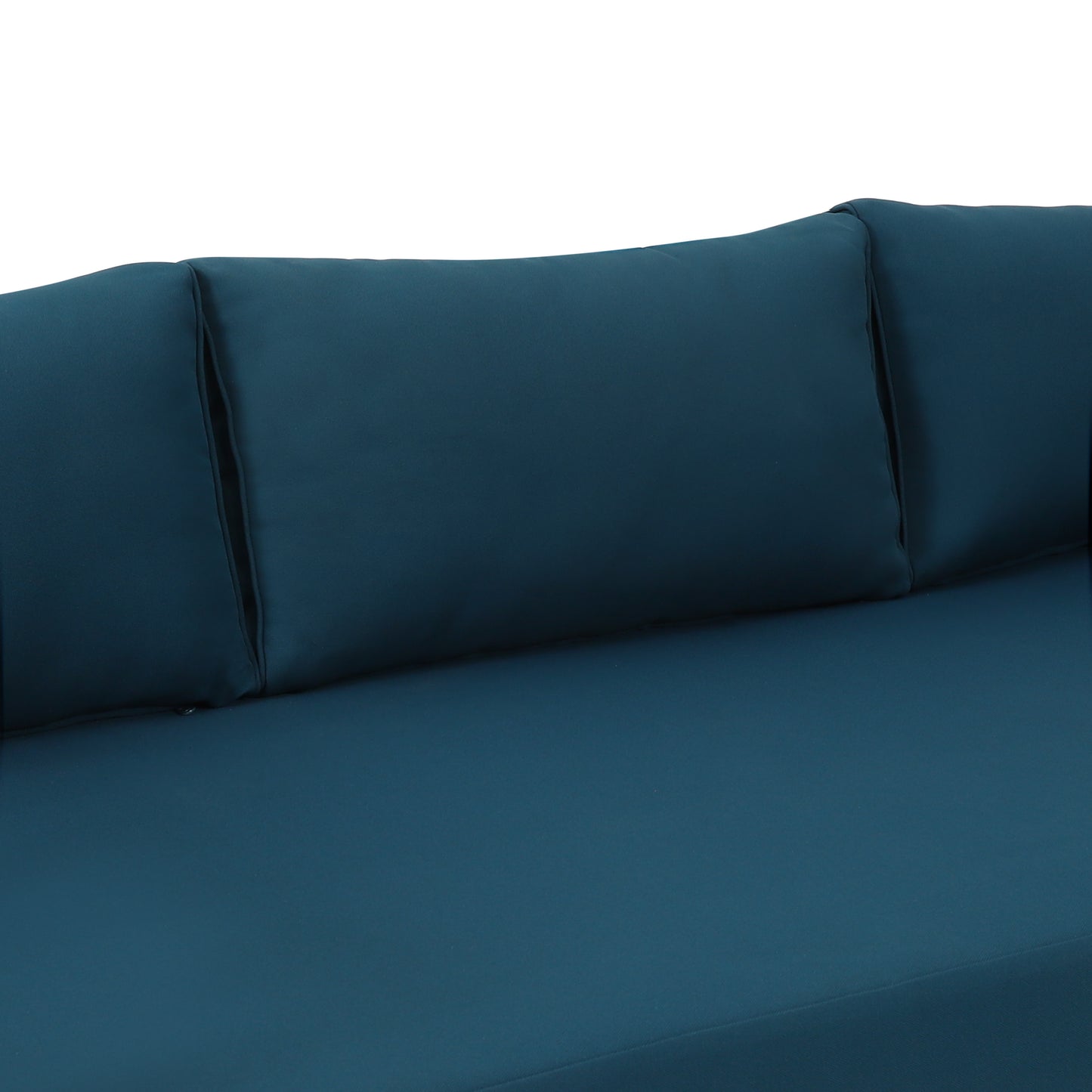 Teal fabric sofa with plush back cushions and piped edges