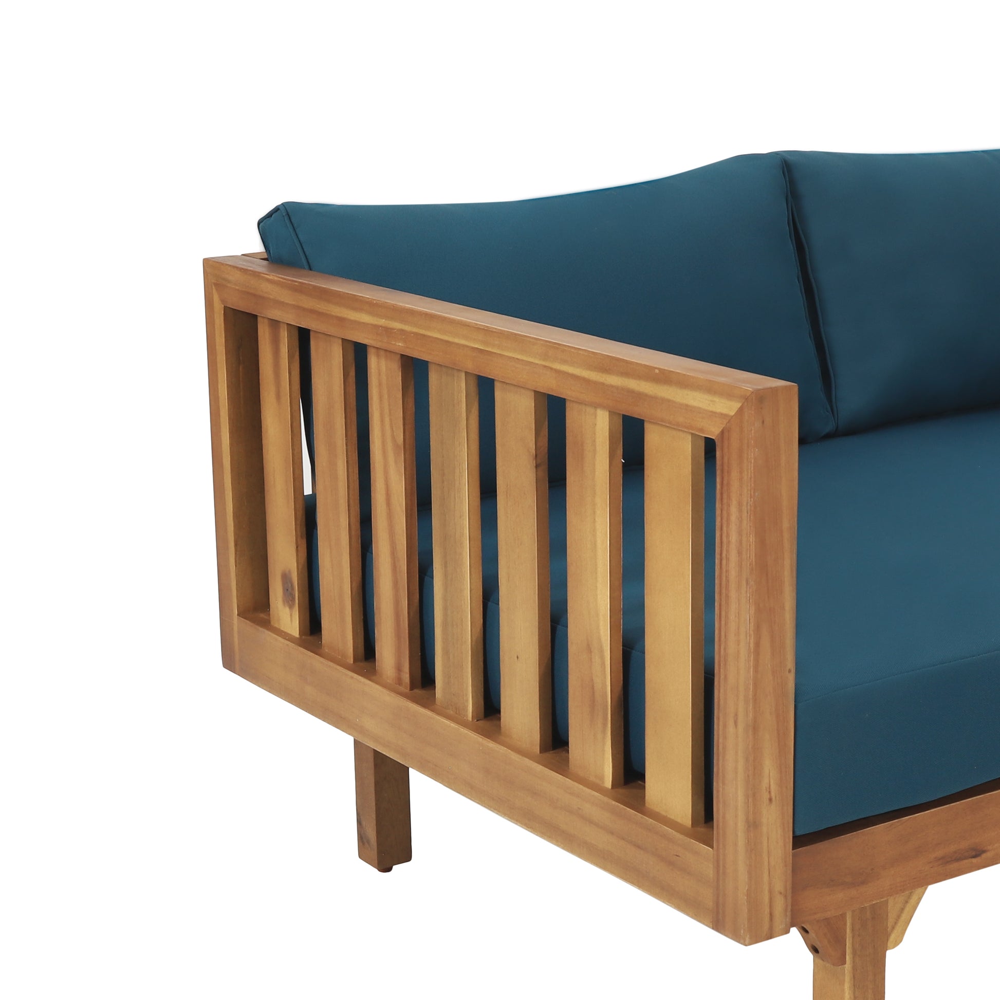 Teal cushioned wooden patio loveseat with slatted armrest detail