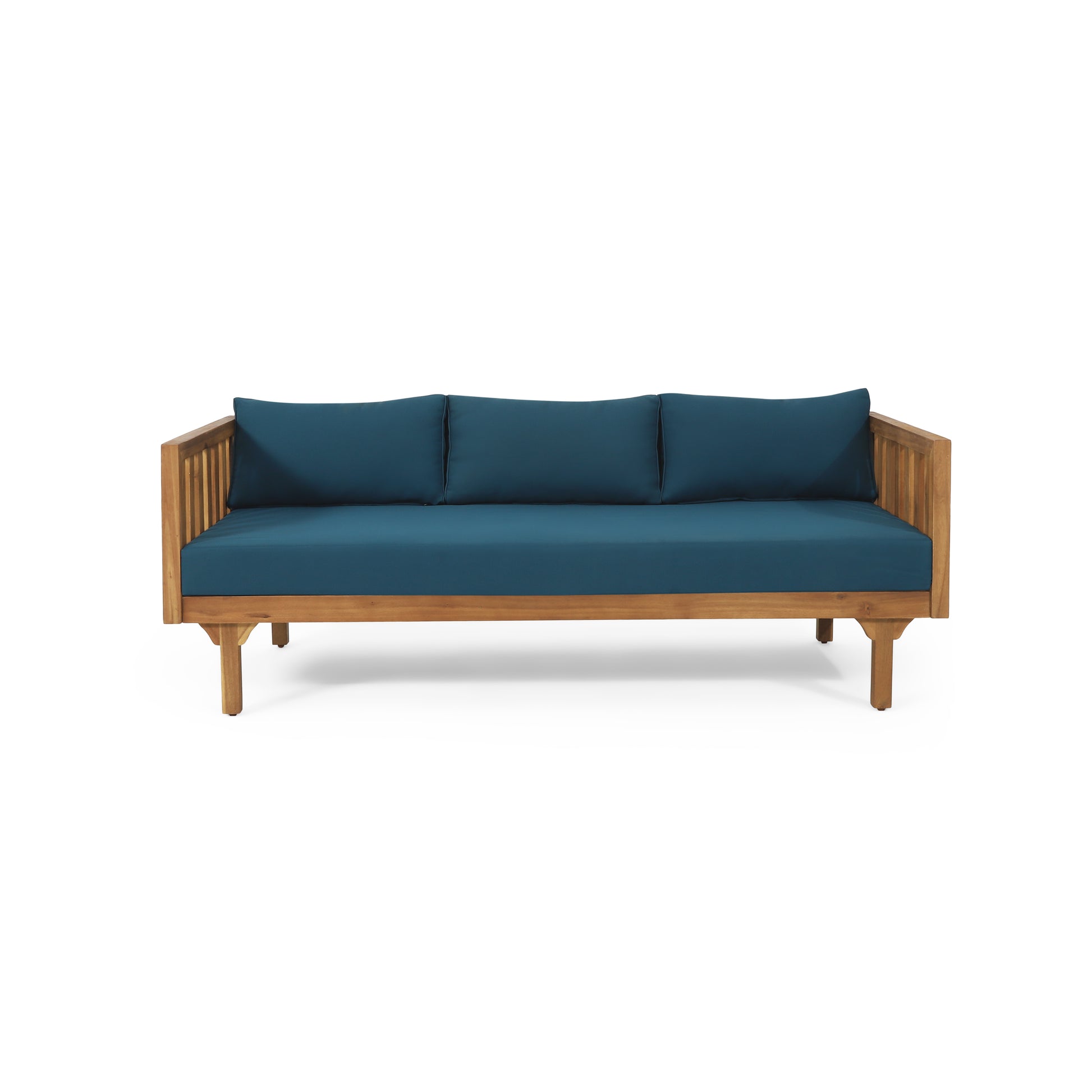 Modern teak wood sofa with deep teal cushions and slatted arms
