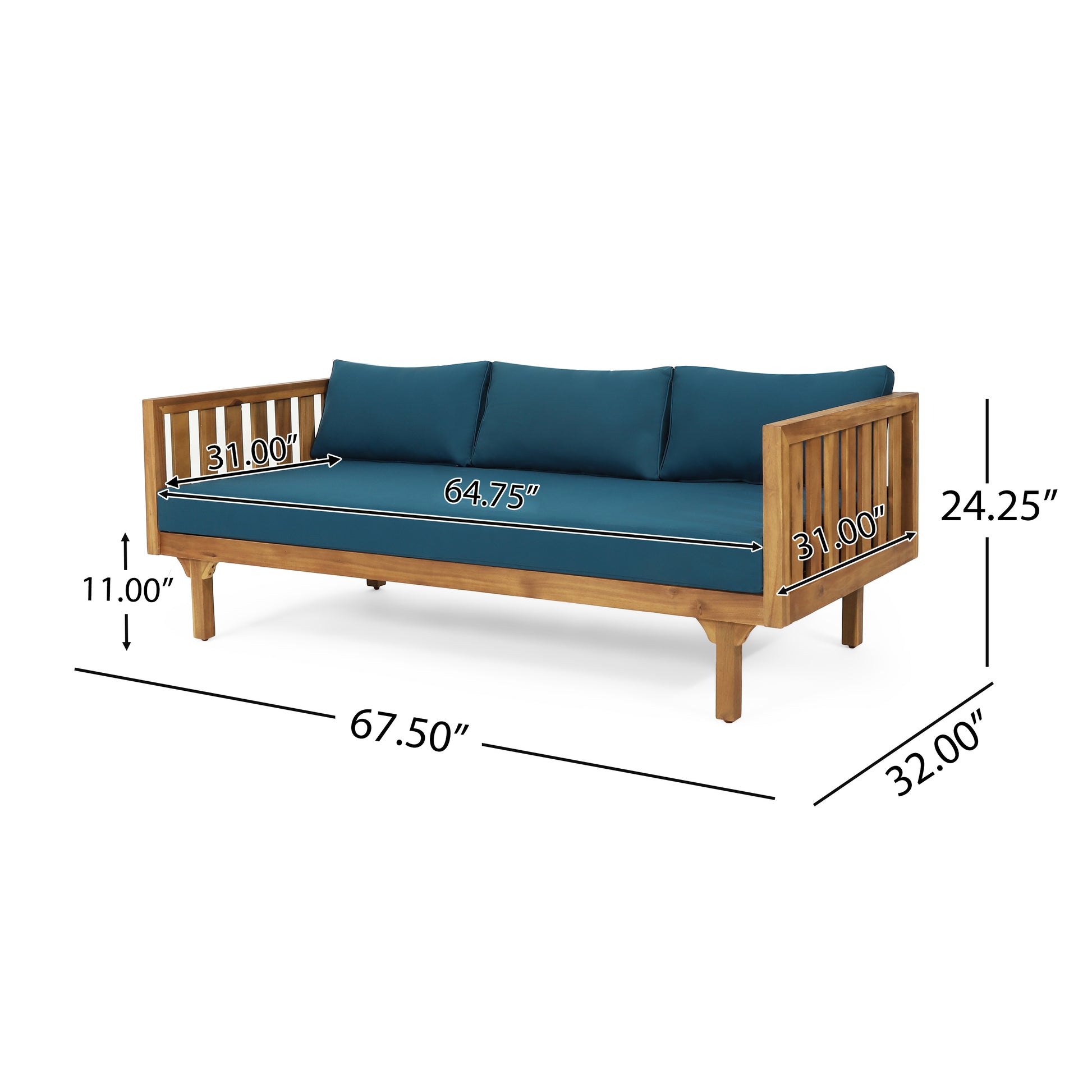 Wooden outdoor sofa with teal cushions featuring slatted arms and back  L x  W