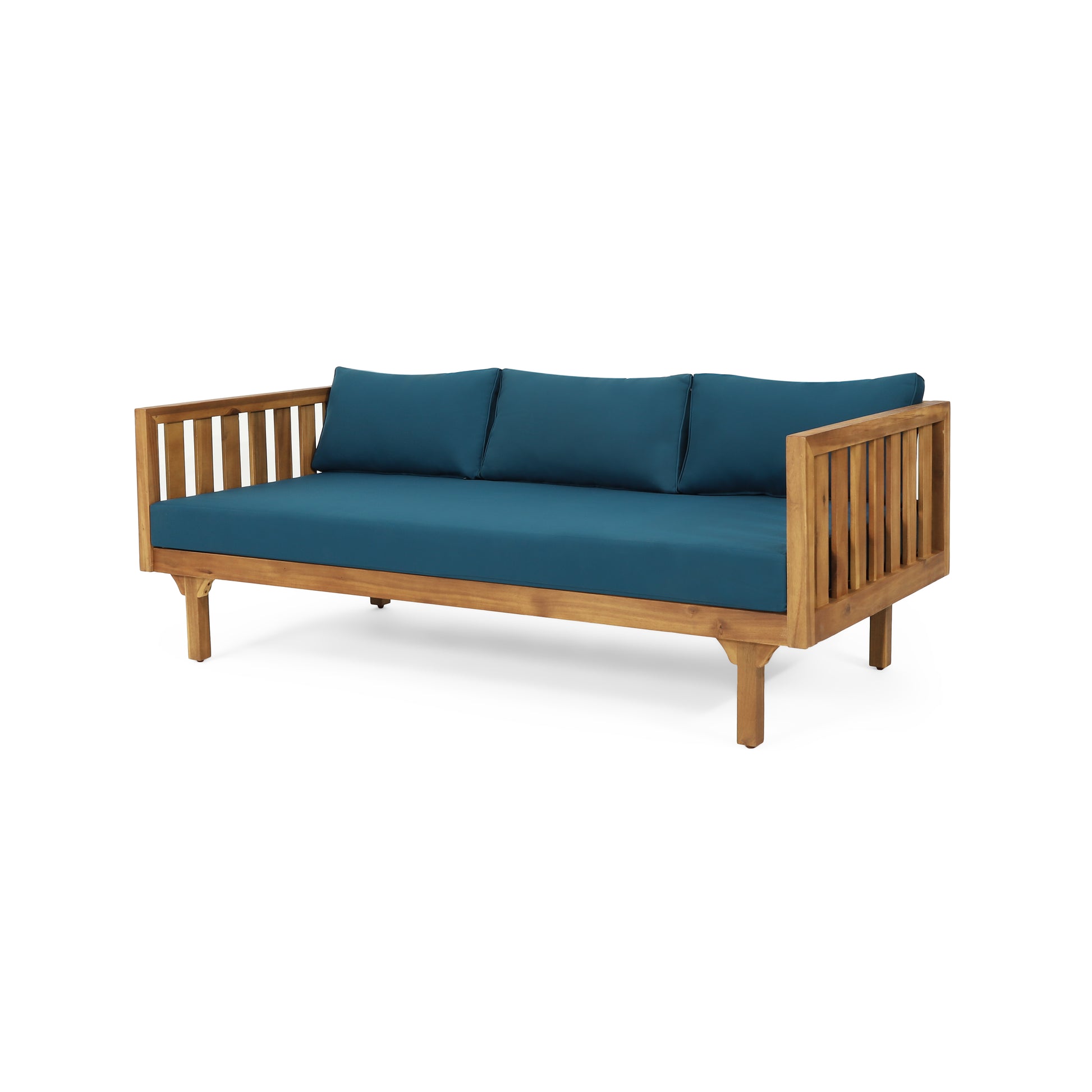 Teak wood outdoor sofa with teal cushions slatted armrests and backrest perfect for patios
