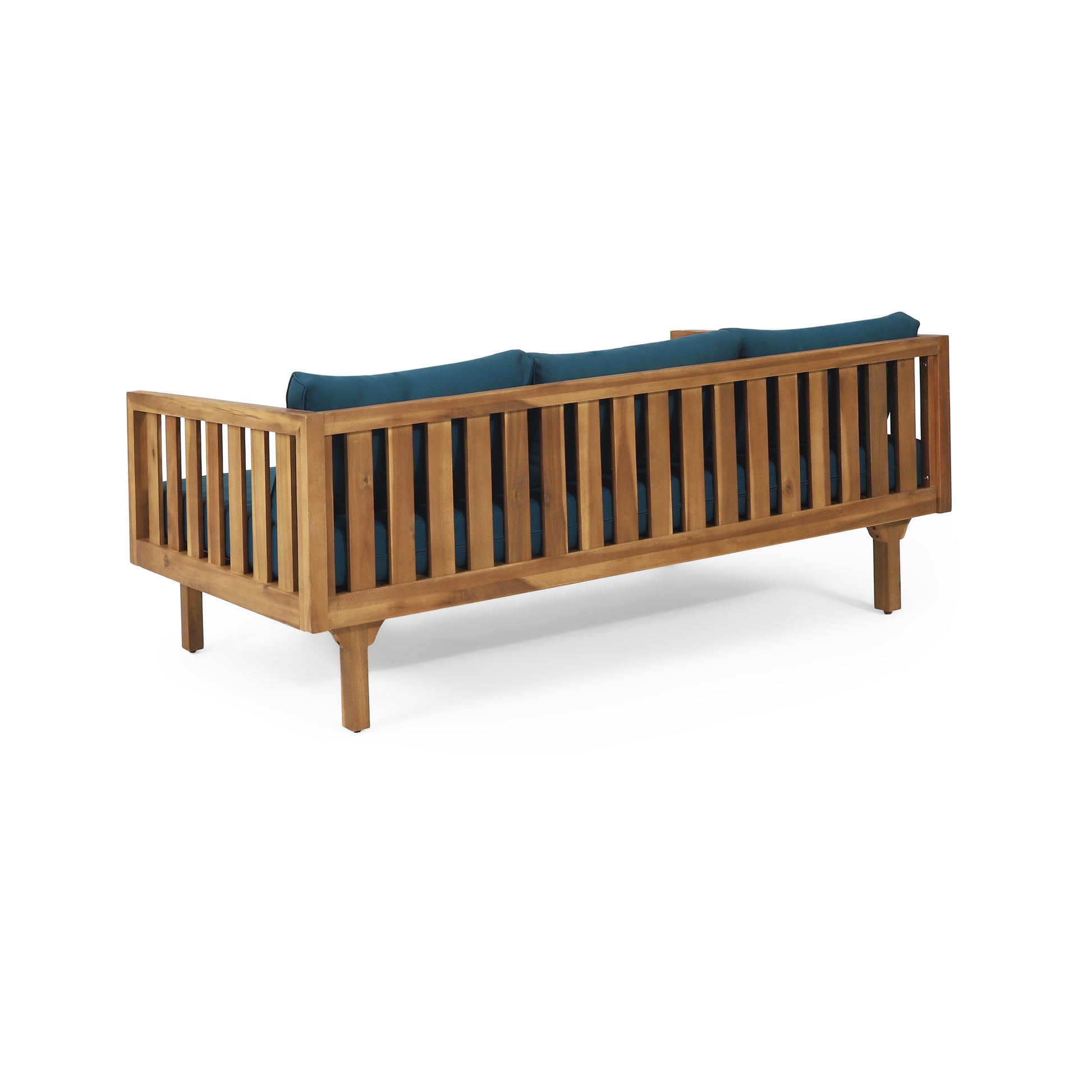 Wooden outdoor sofa with slatted back and teal cushions perfect for patio seating