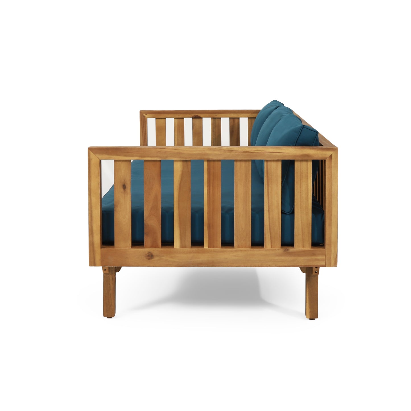 Wooden outdoor loveseat with navy blue cushions perfect for patio seating