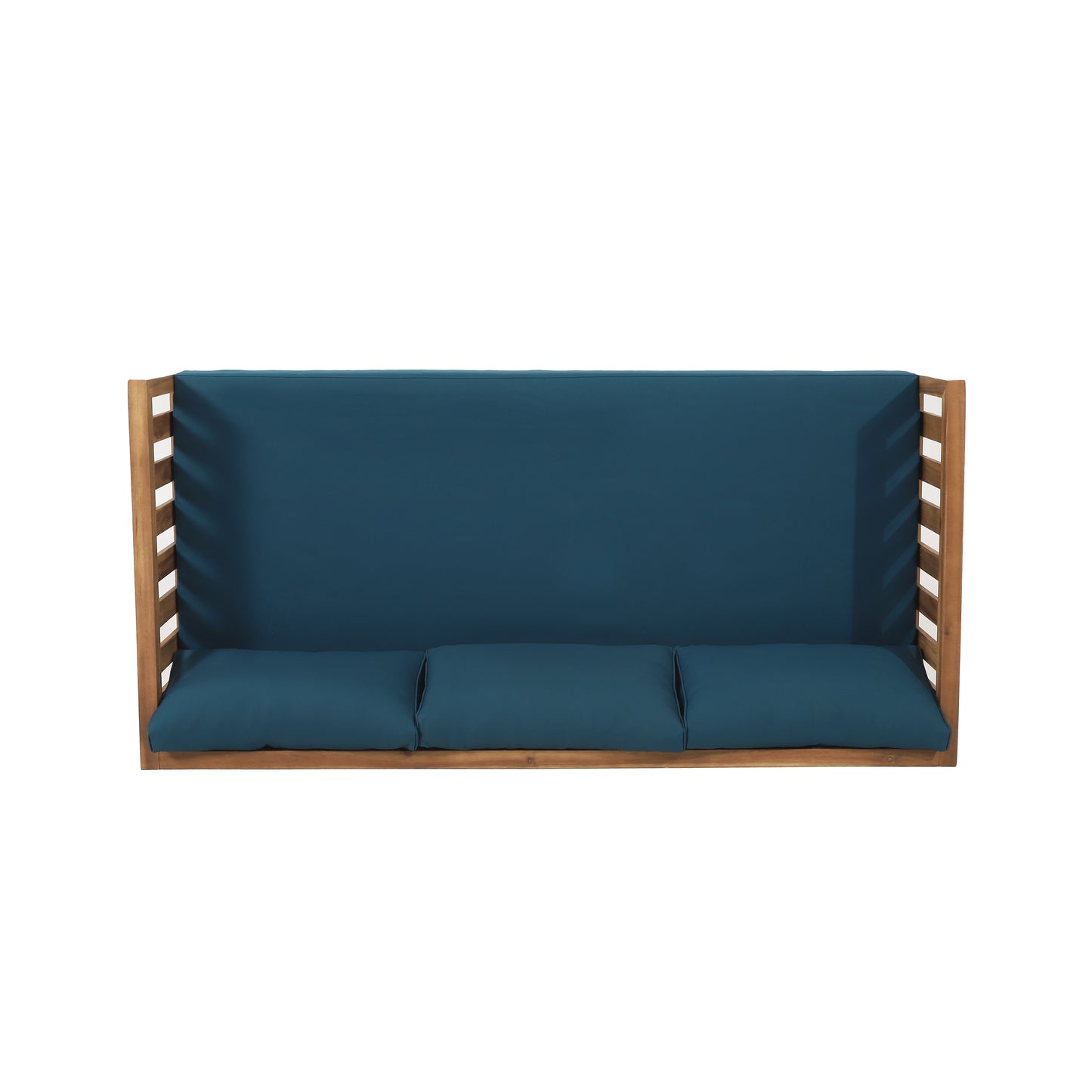 Wooden garden bench with plush teal cushions perfect for outdoor seating