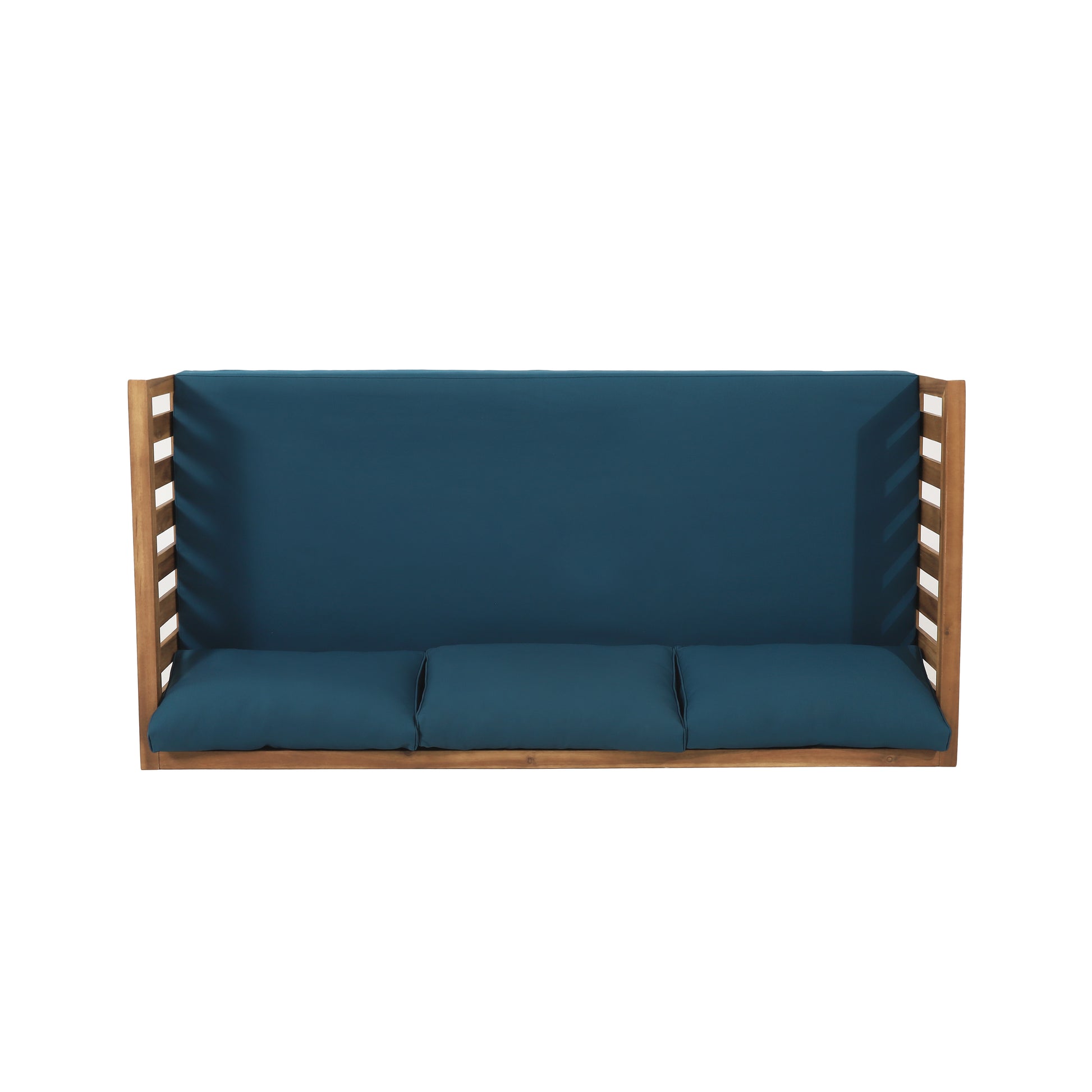 Wooden garden bench with plush teal cushions perfect for outdoor seating