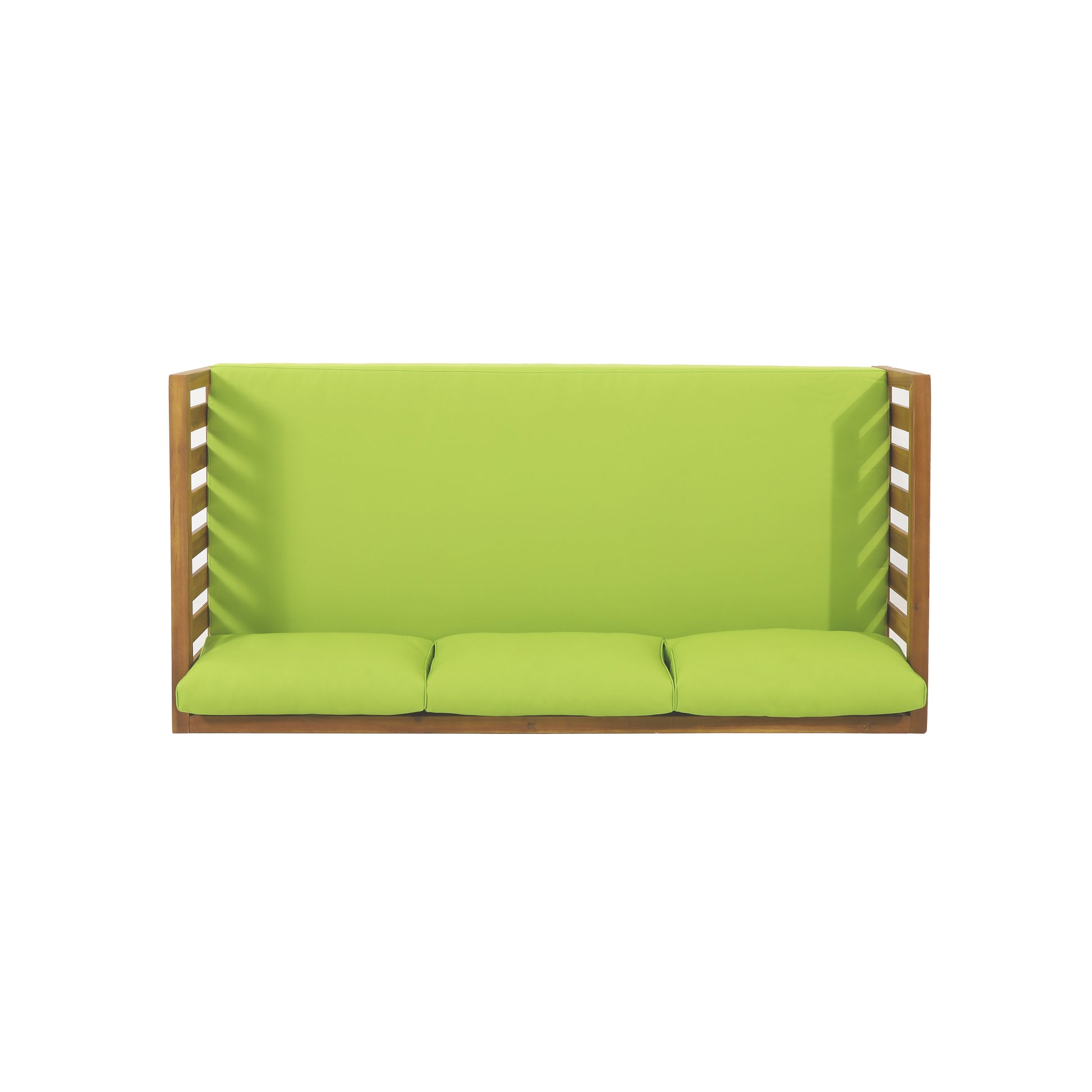 Wooden porch swing with vibrant lime green cushions three seat cushions
