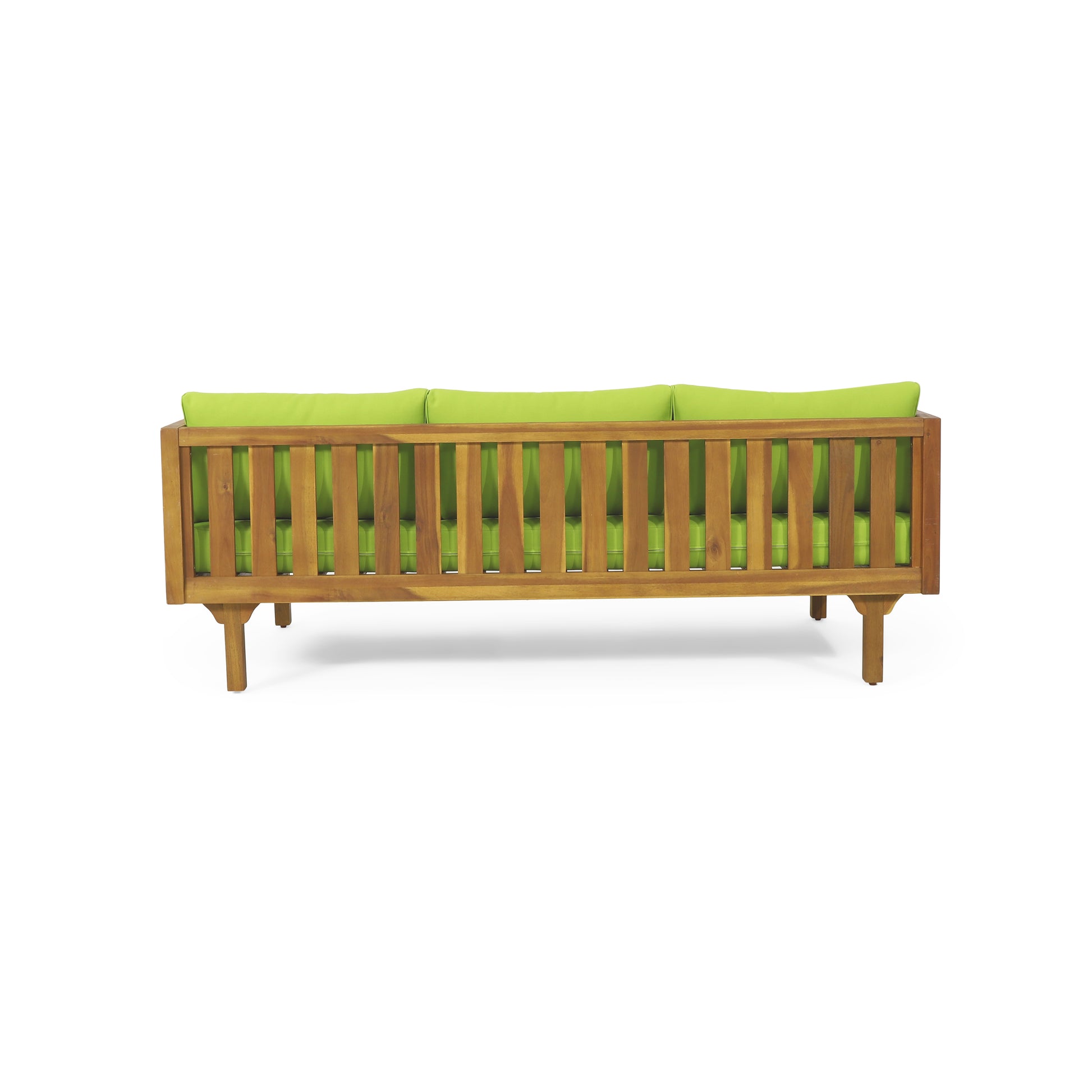 Wooden outdoor sofa with slatted back and bright green cushions