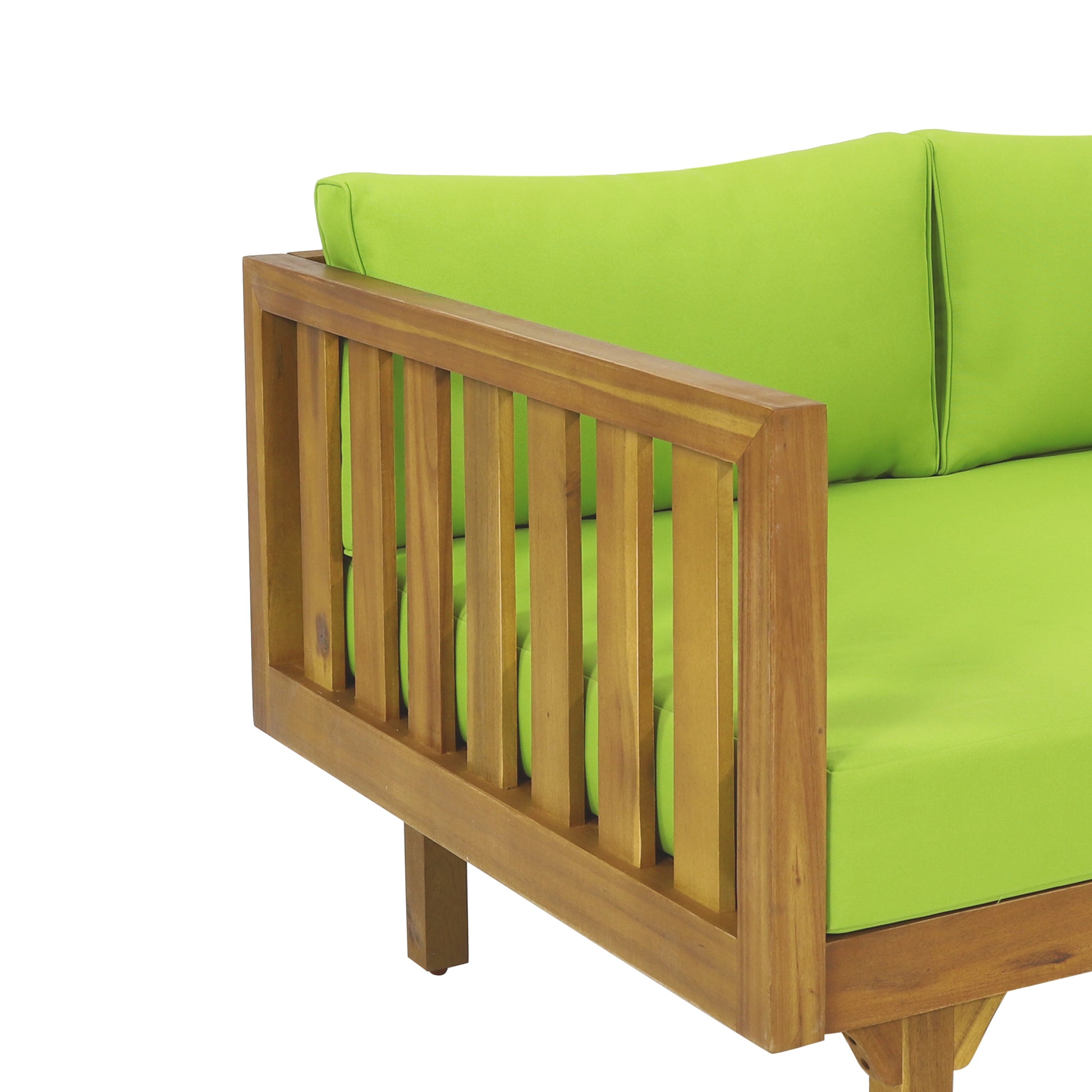 Closeup of a wooden outdoor loveseat with bright green cushions showcasing its slatted armrest