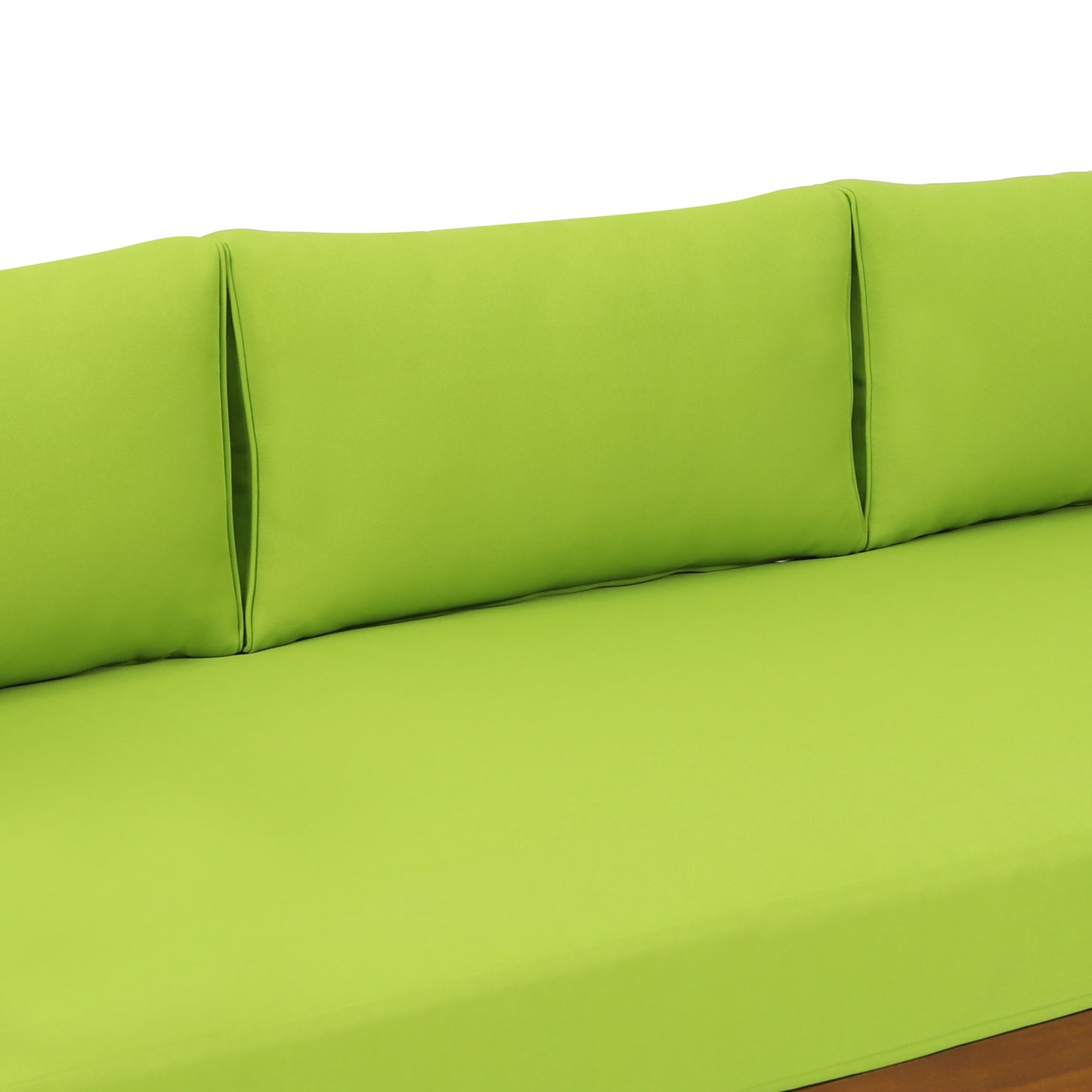 Bright lime green outdoor sofa cushions with tufted backrest detail