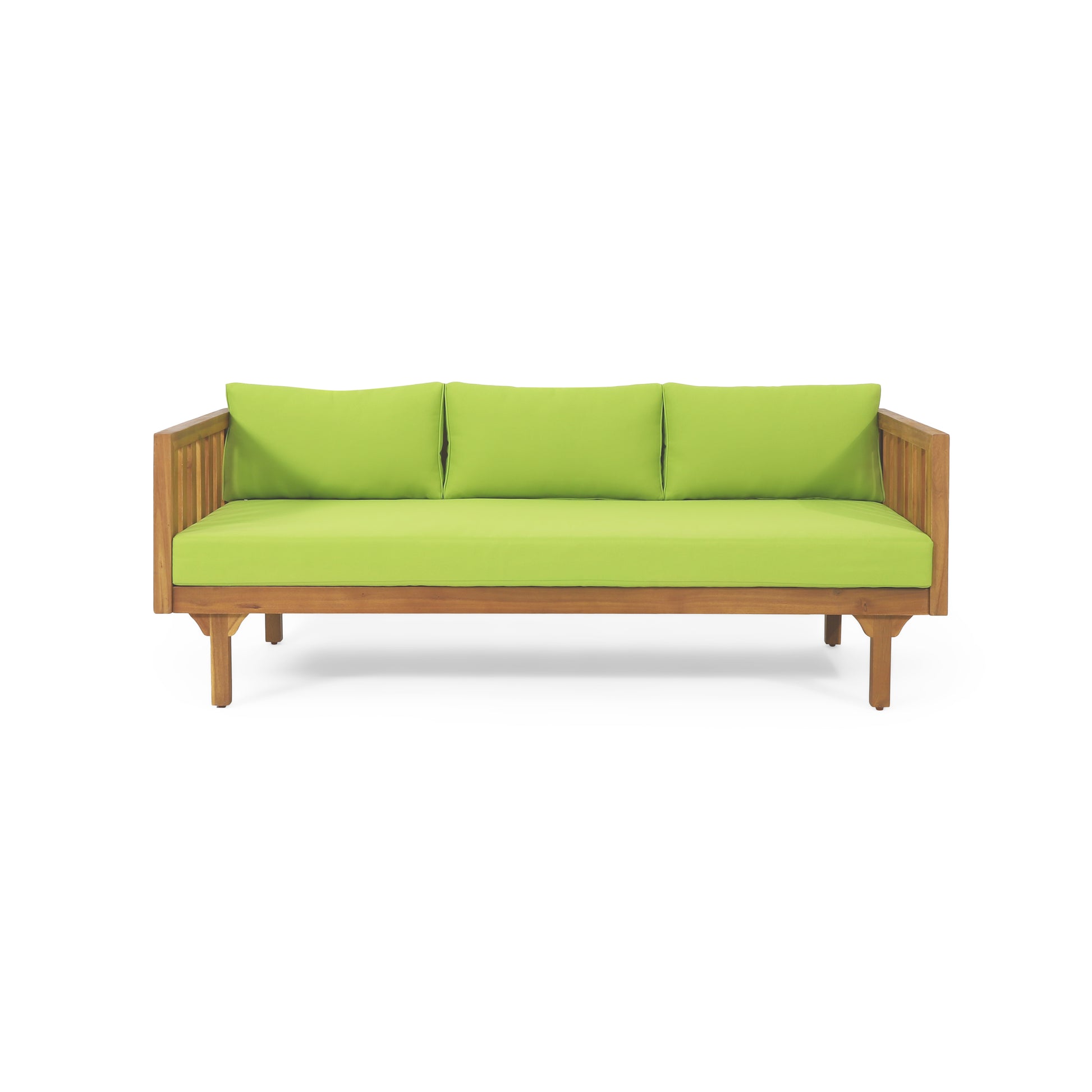 Acacia wood outdoor sofa with three bright green cushions minimalist design