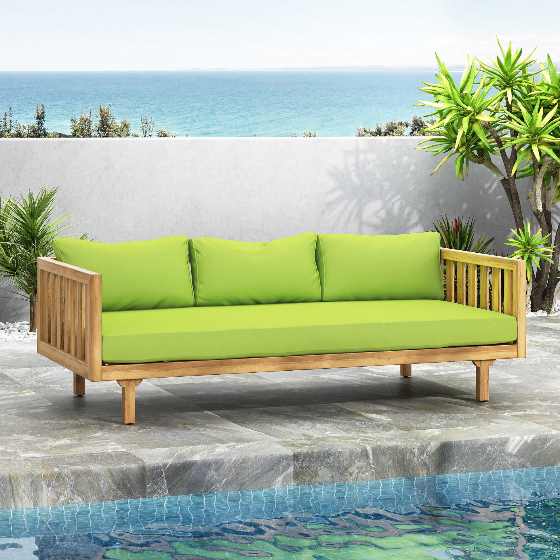 Modern teak wood outdoor sofa with bright green cushions and sleek design