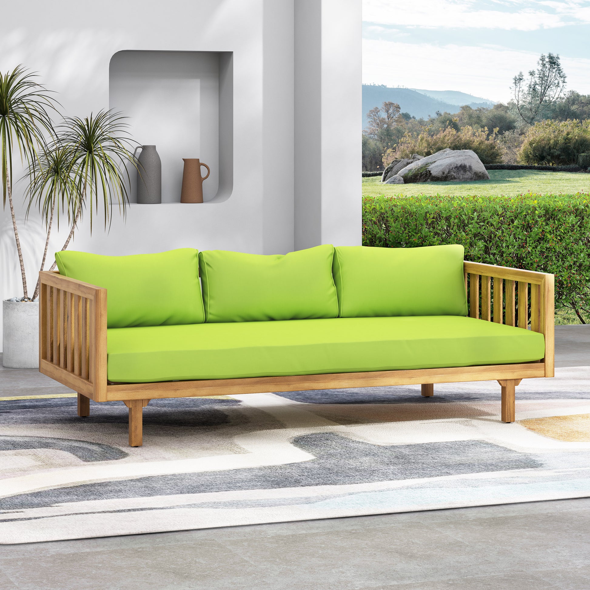 Teak wood outdoor sofa with bright green cushions modern patio furniture