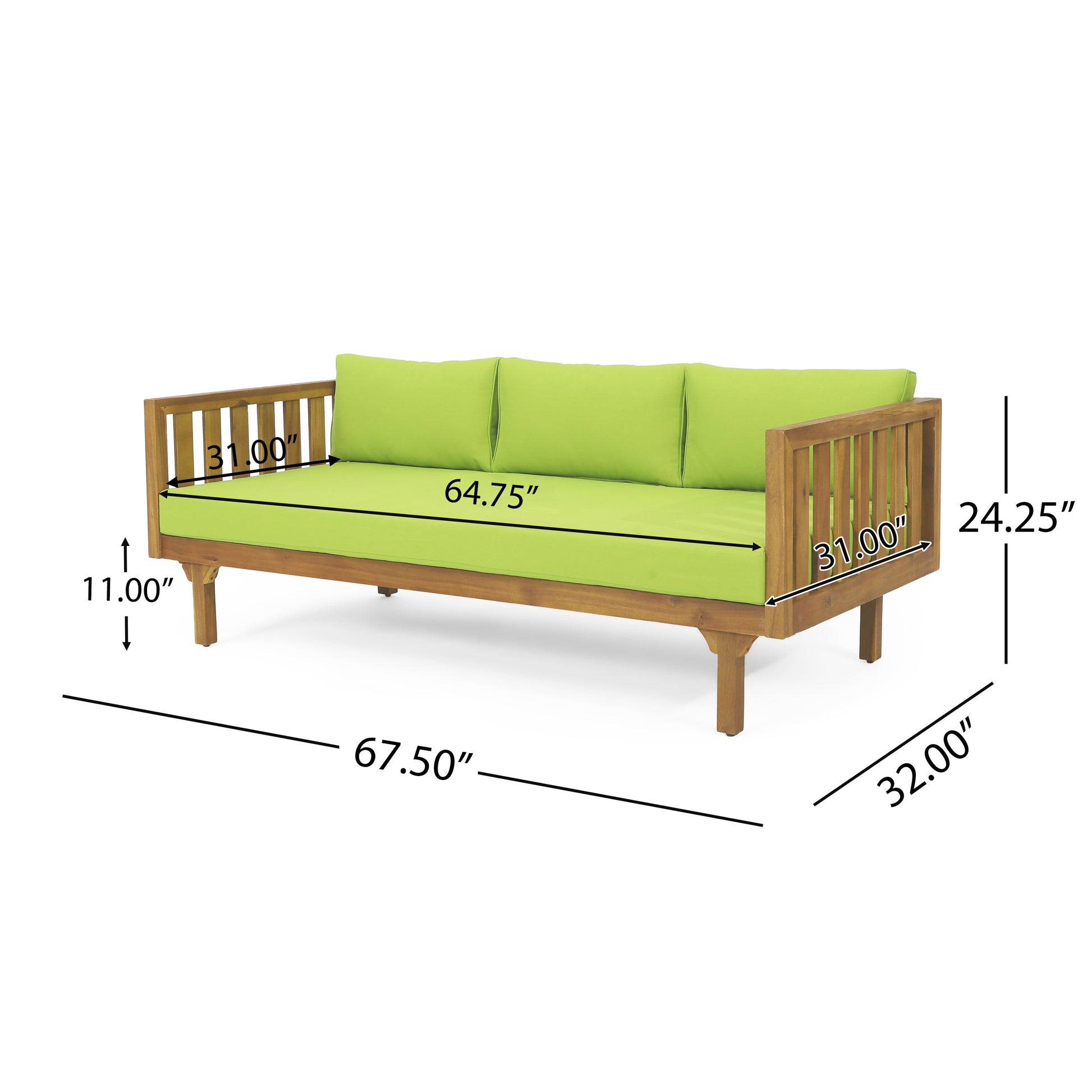 Wooden outdoor sofa with light green cushions measuring  W x  D x  H