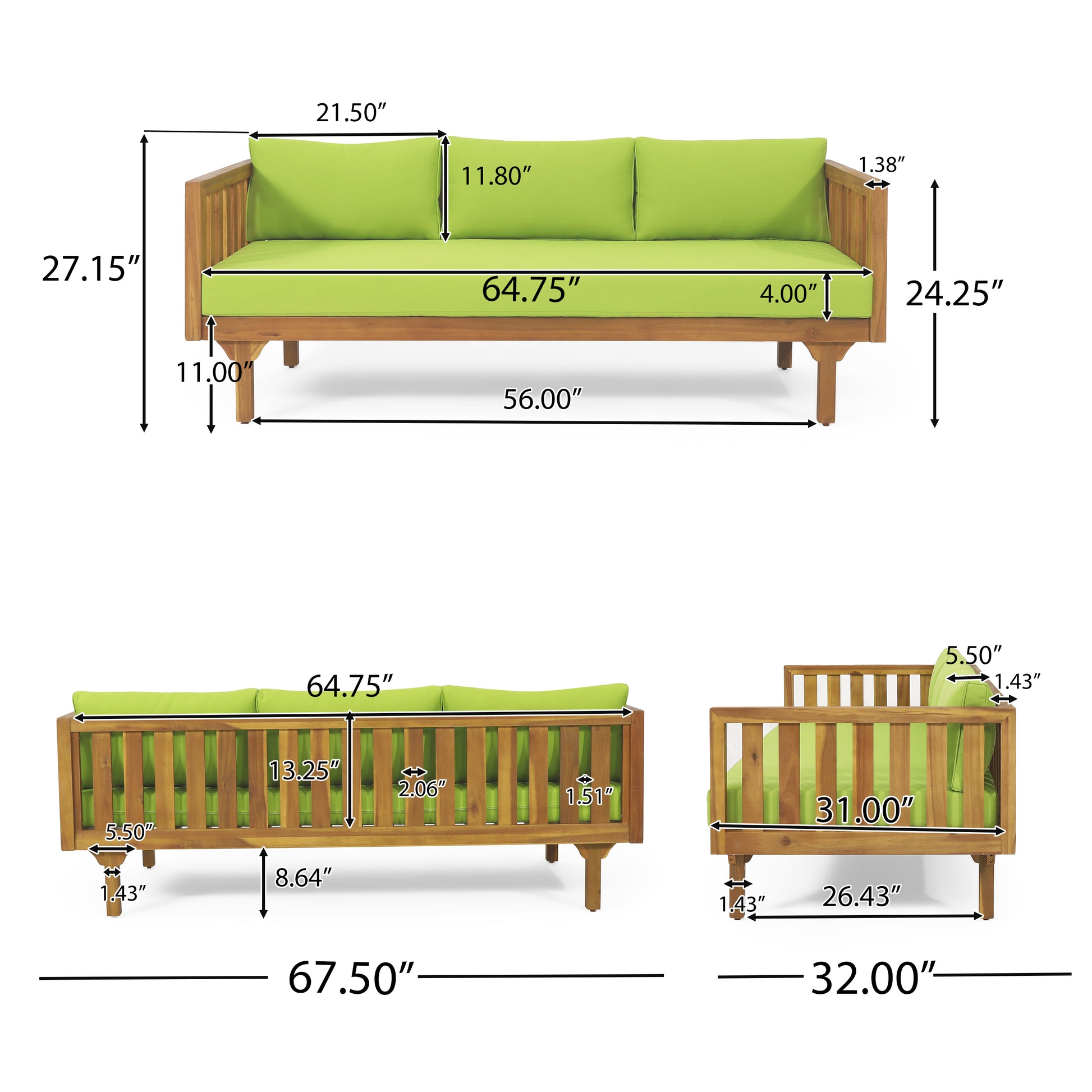 Wooden outdoor sofa with bright green cushions featuring precise dimensions for backyard lounging