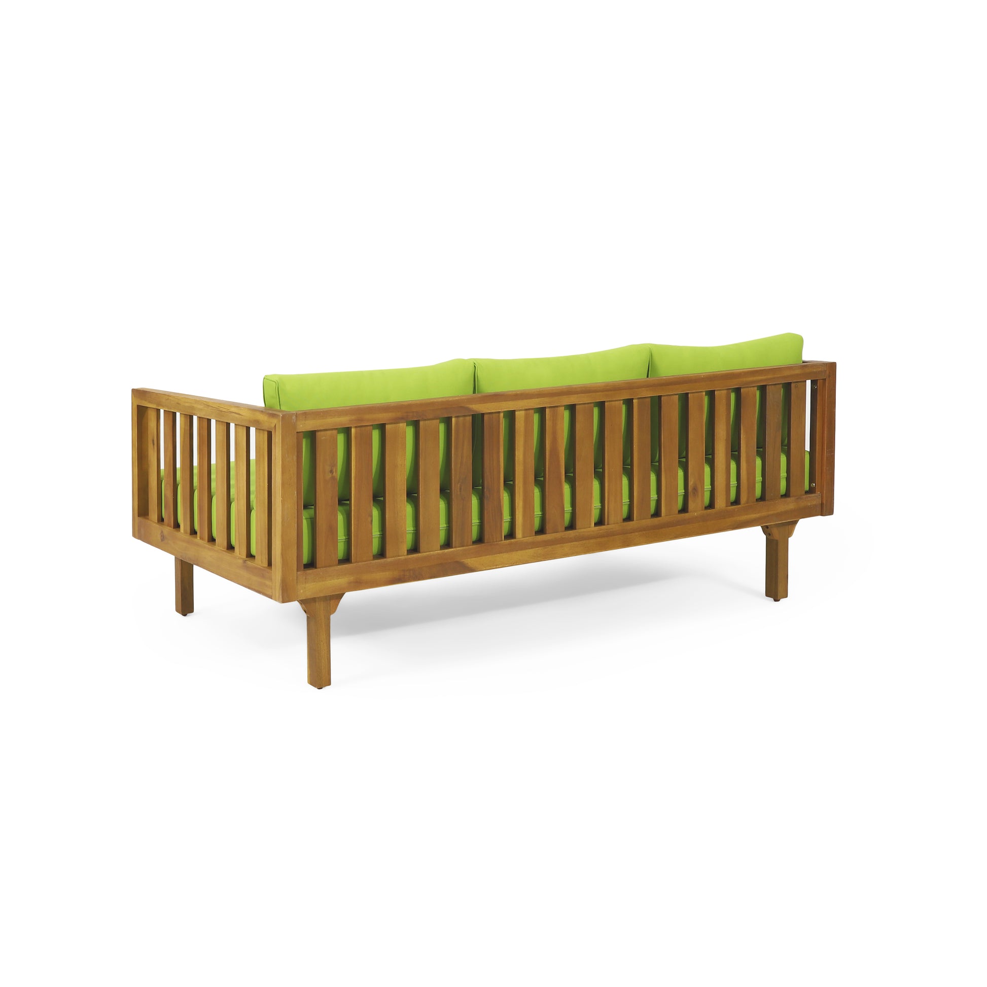 Wooden outdoor sofa with green cushions slatted back and sturdy legs perfect for patios