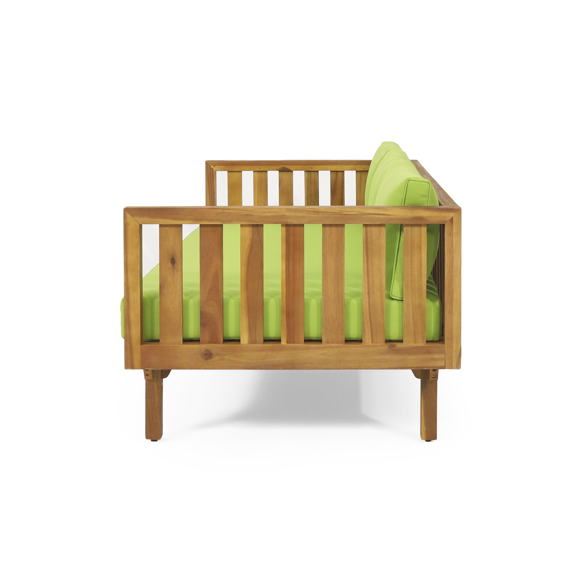 Acacia wood outdoor sofa with lime green cushions midcentury modern style