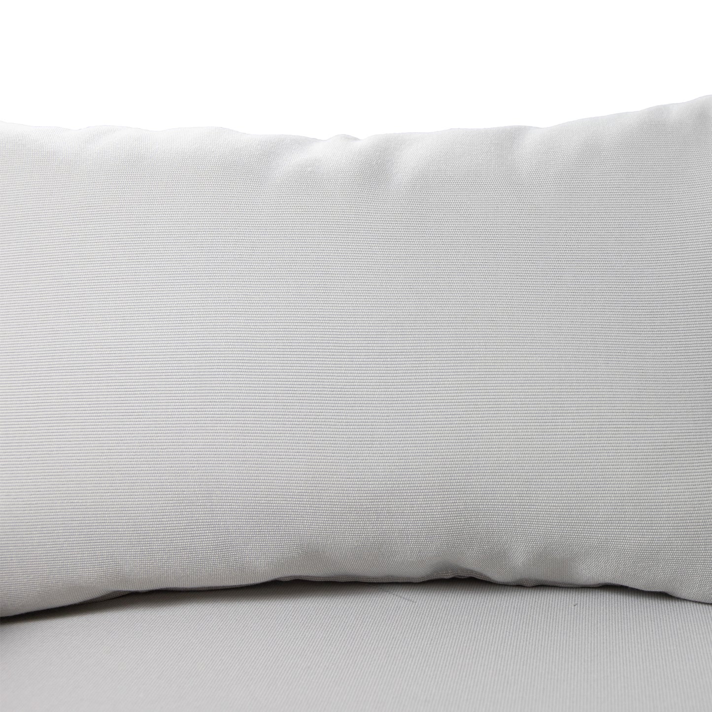 Light grey woven outdoor pillow with a textured fabric surface