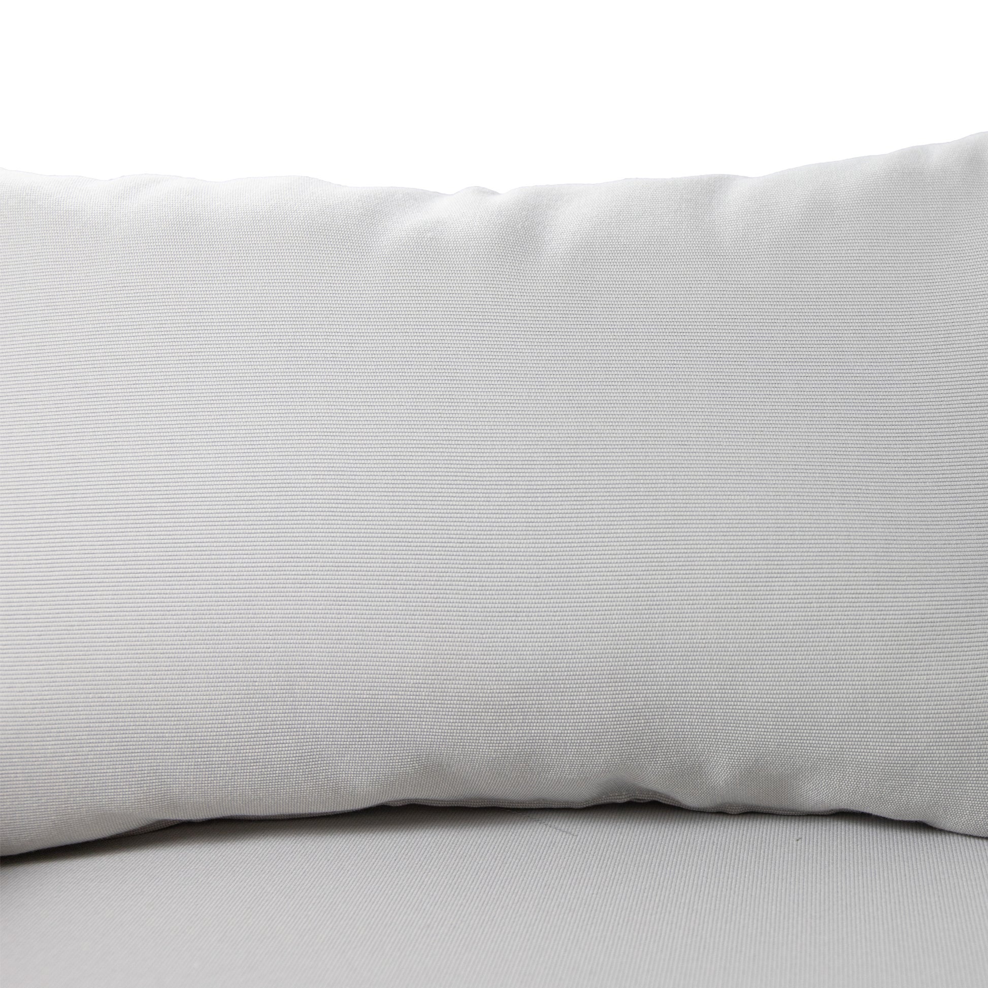 Light grey woven outdoor pillow with a textured fabric surface