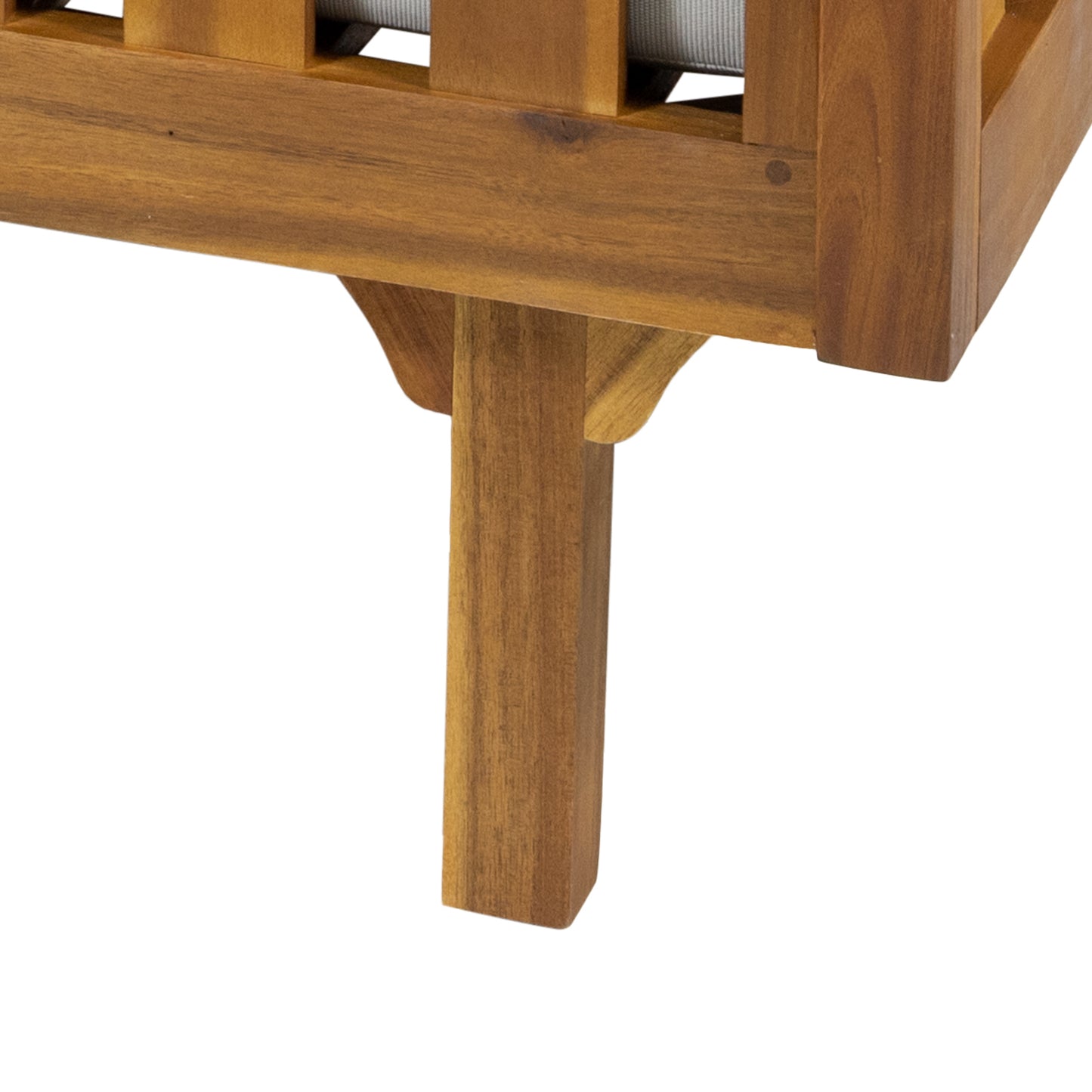 Closeup of solid wood outdoor bench leg and frame showcasing rich natural grain