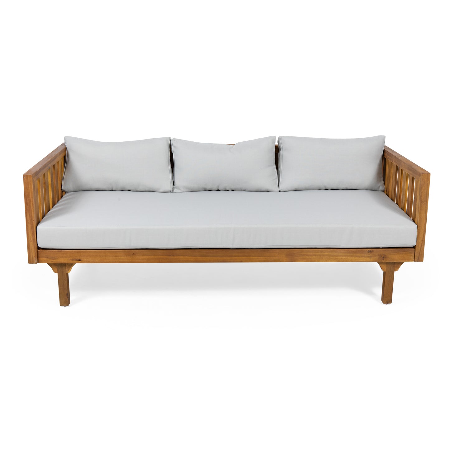 Acacia wood outdoor sofa with three plush light grey seat cushions and back pillows