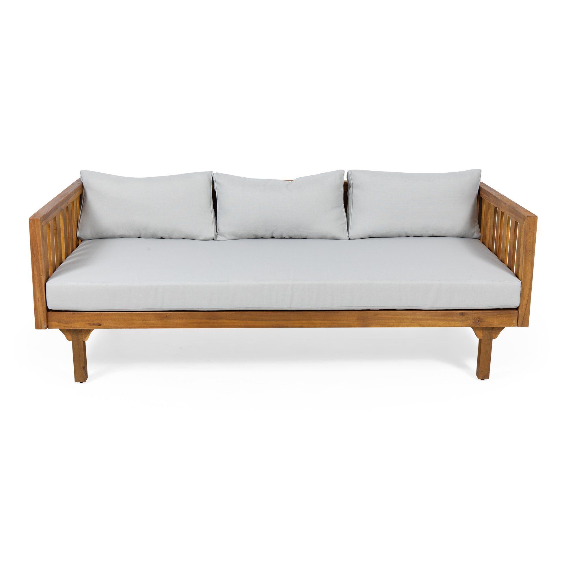 Acacia wood outdoor sofa with three plush light grey seat cushions and back pillows
