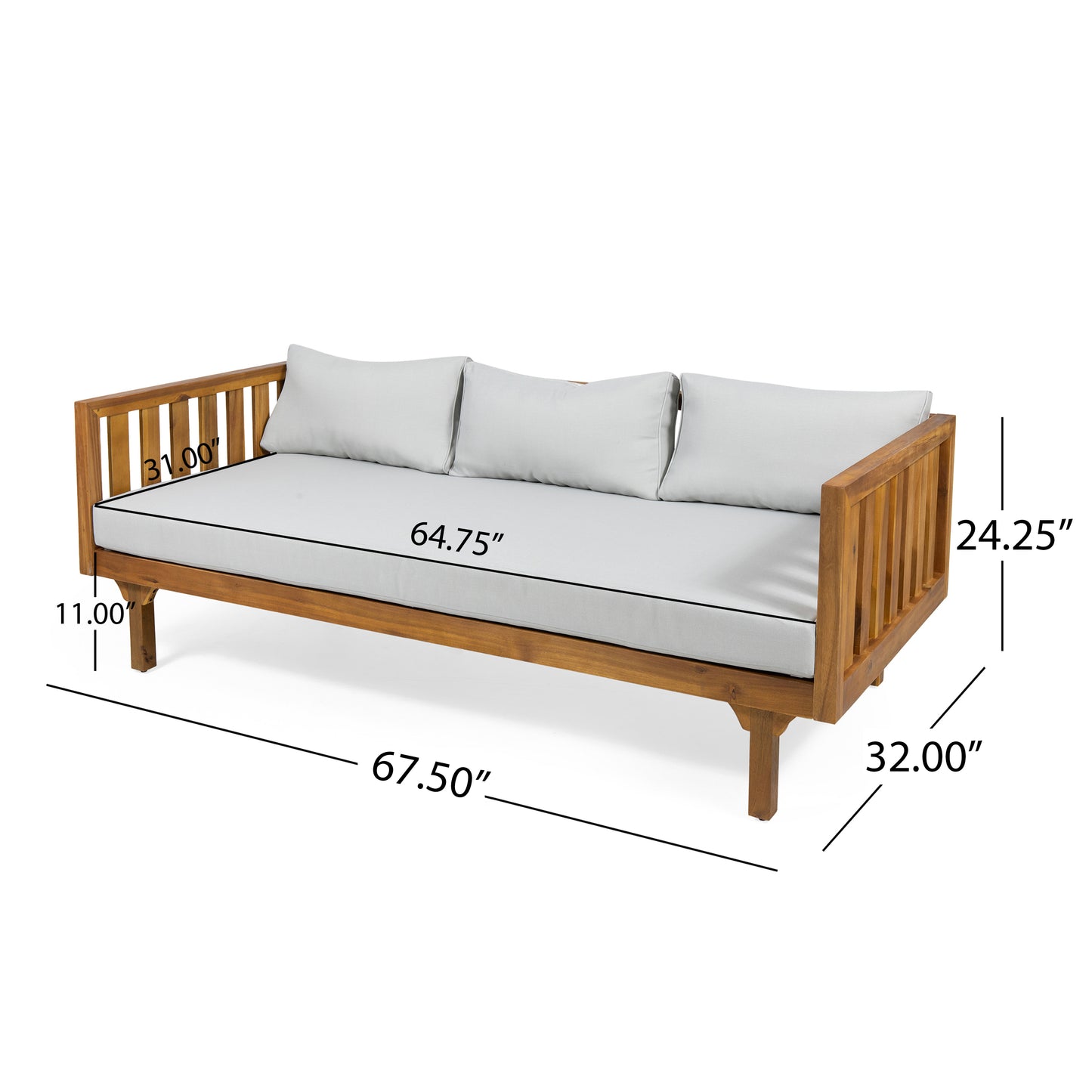 Acacia wood outdoor sofa with light gray cushions and slatted arms perfect for patios