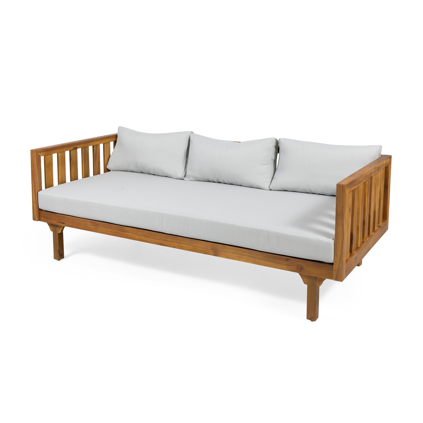 Wooden outdoor daybed with light grey cushions and slatted back