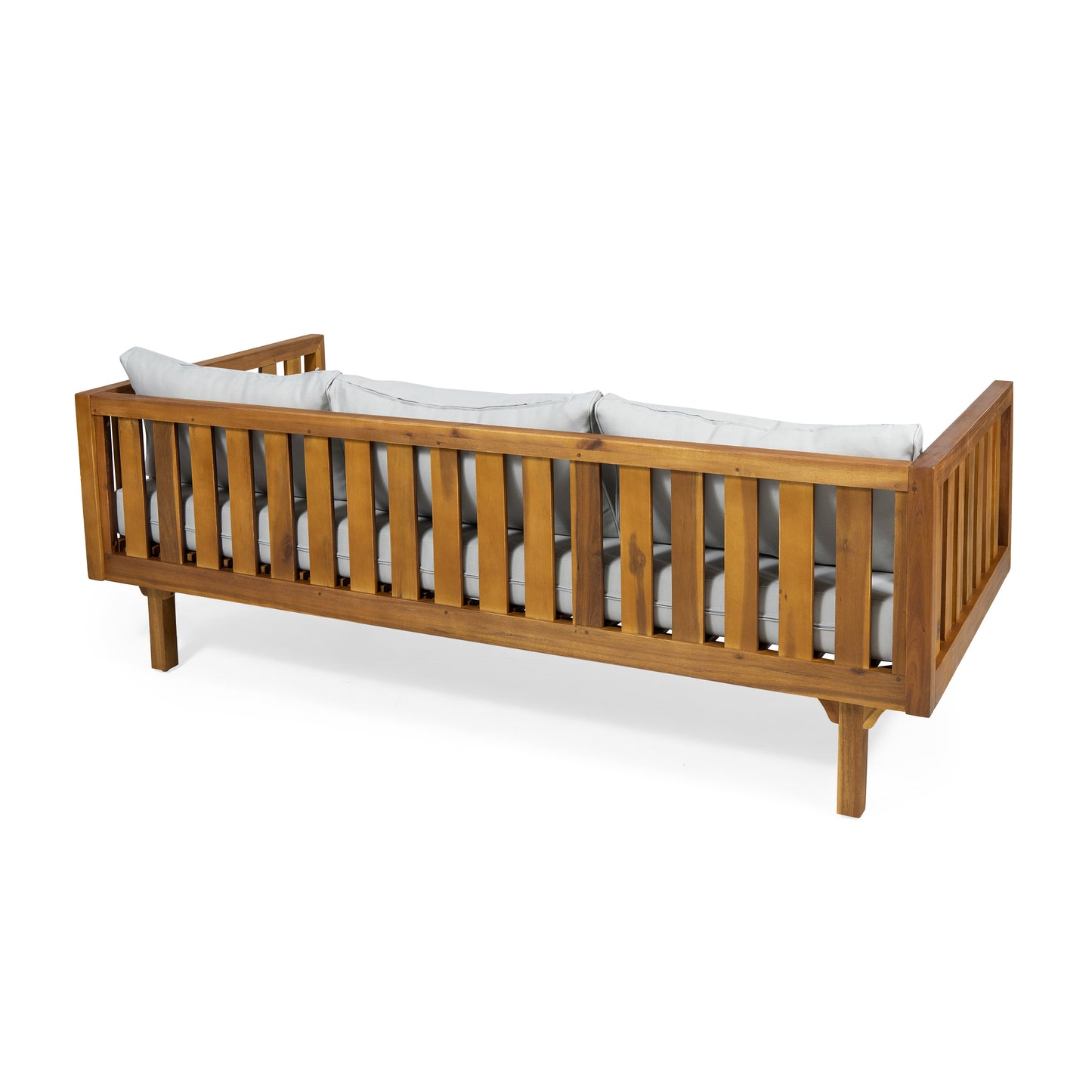 Wooden outdoor sofa with gray cushions modern slatted design for patio use