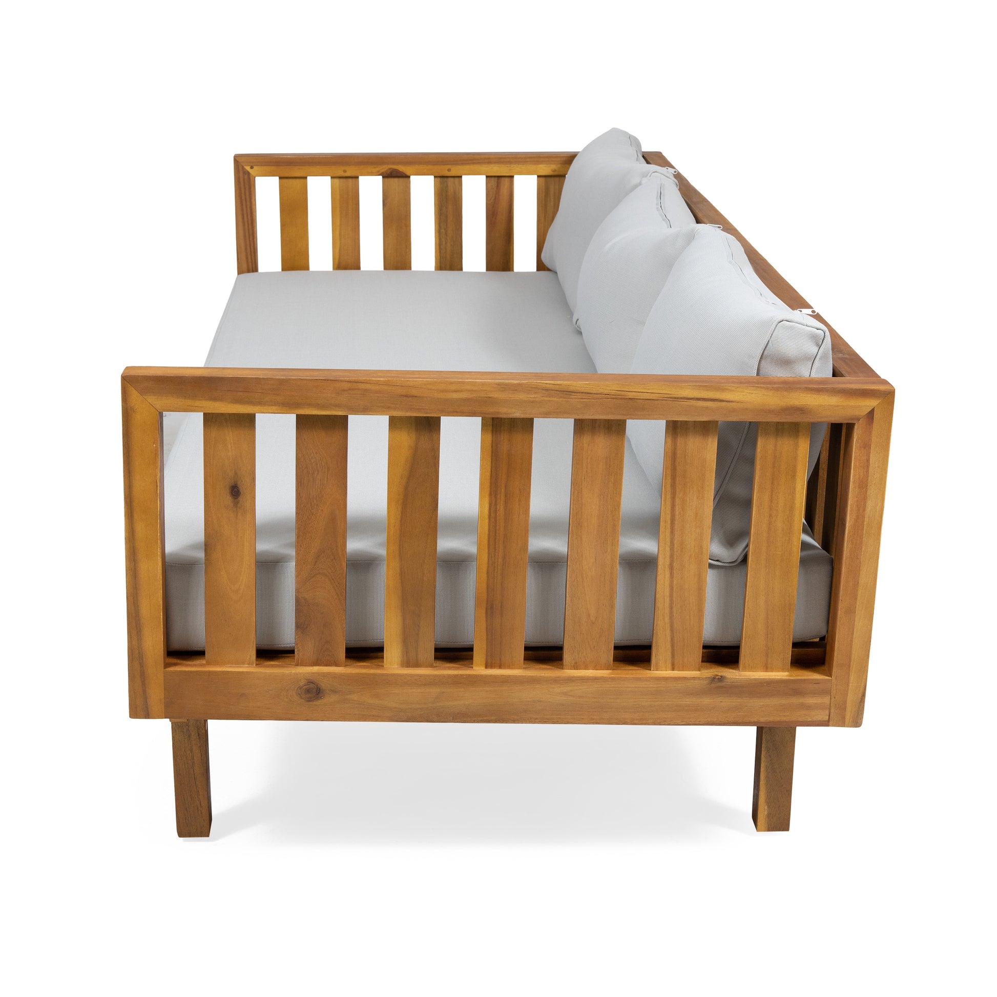 Wooden outdoor sofa with light grey cushions featuring a slatted back design for modern patios