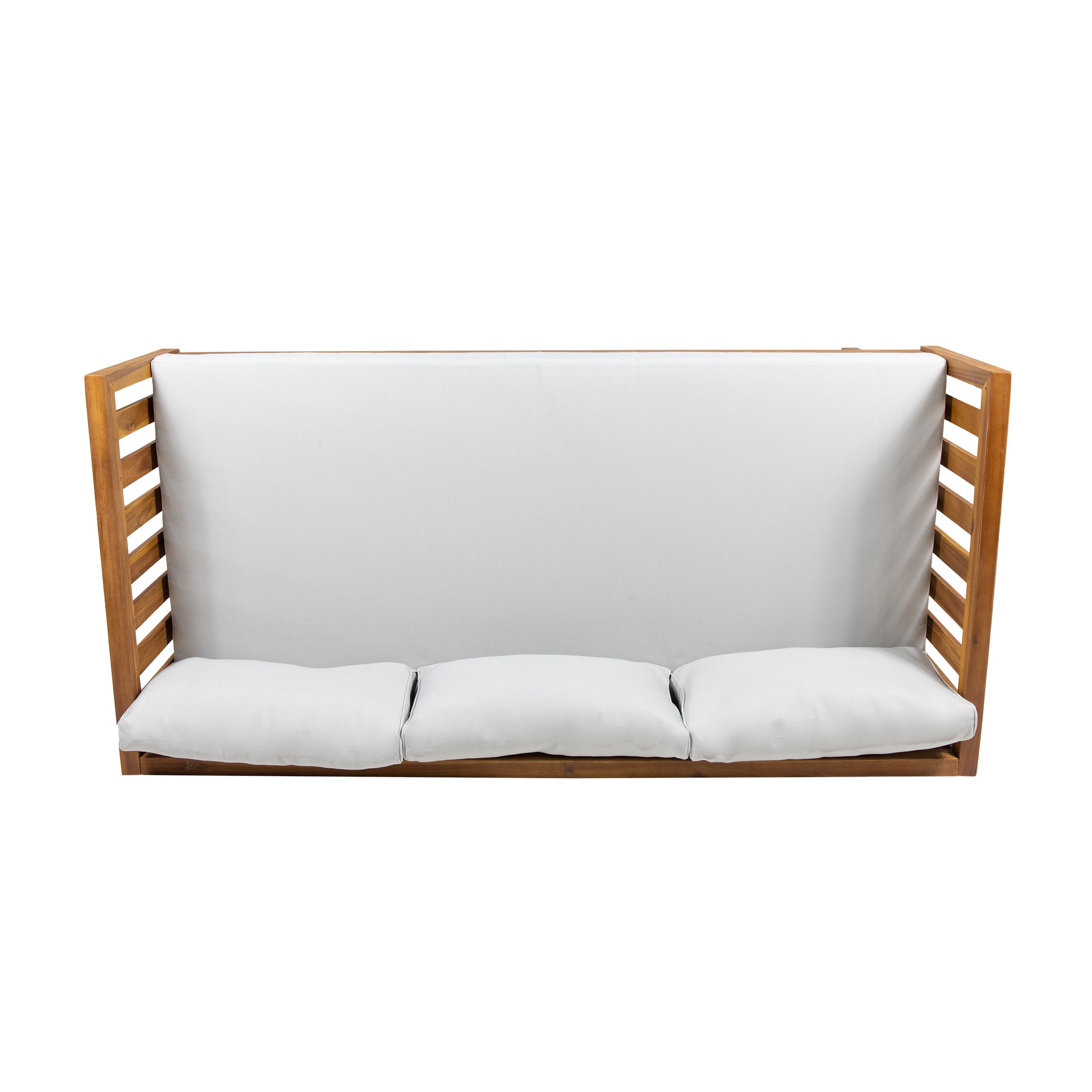 Wooden outdoor bench with white cushions seater patio seating