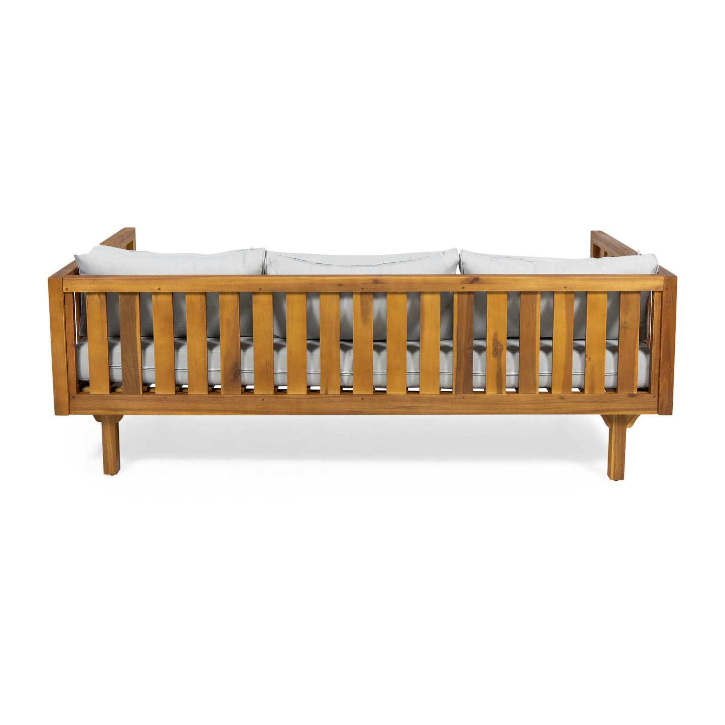 Wooden outdoor sofa with light gray cushions featuring a slatted back design for your patio