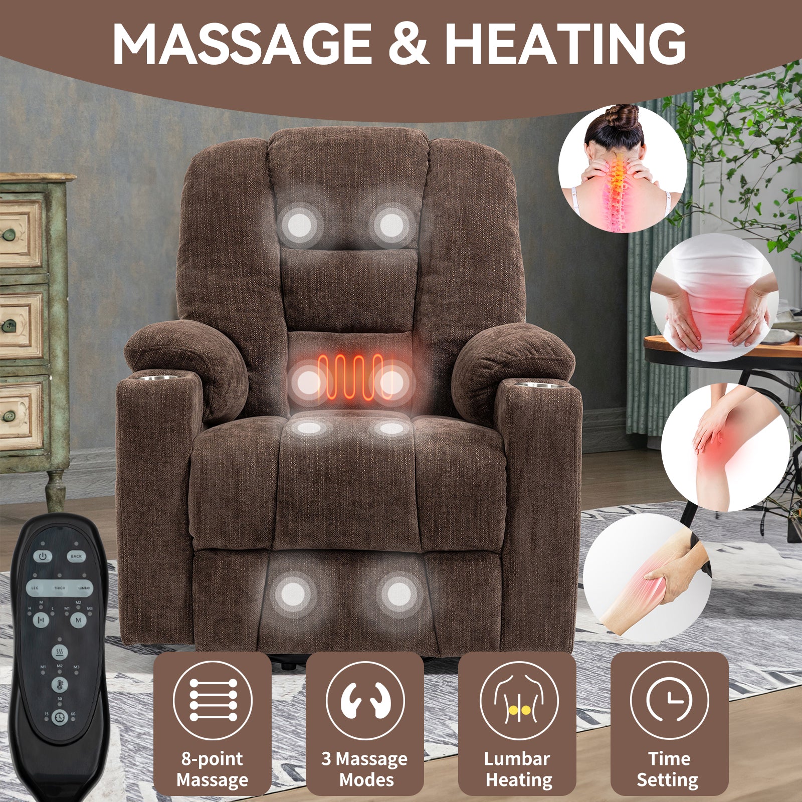 Brown fabric recliner chair with point massage and lumbar heating functions