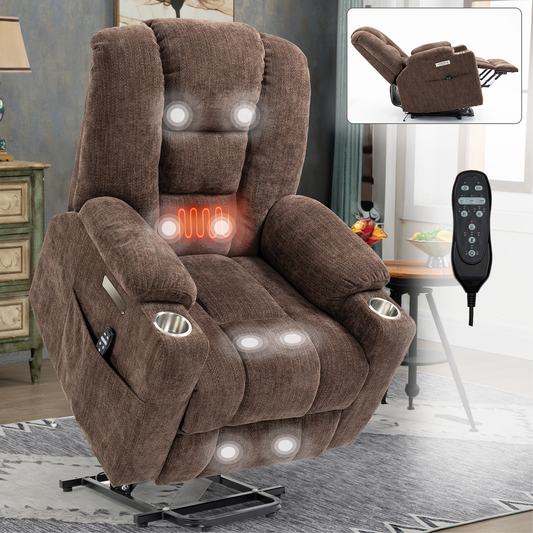 Brown fabric power lift recliner chair with heat massage and cup holders
