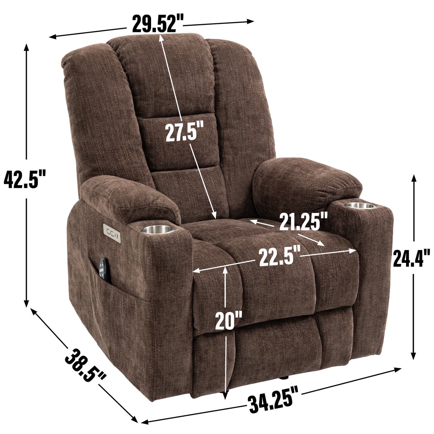 Brown fabric power recliner with cup holder and side pocket