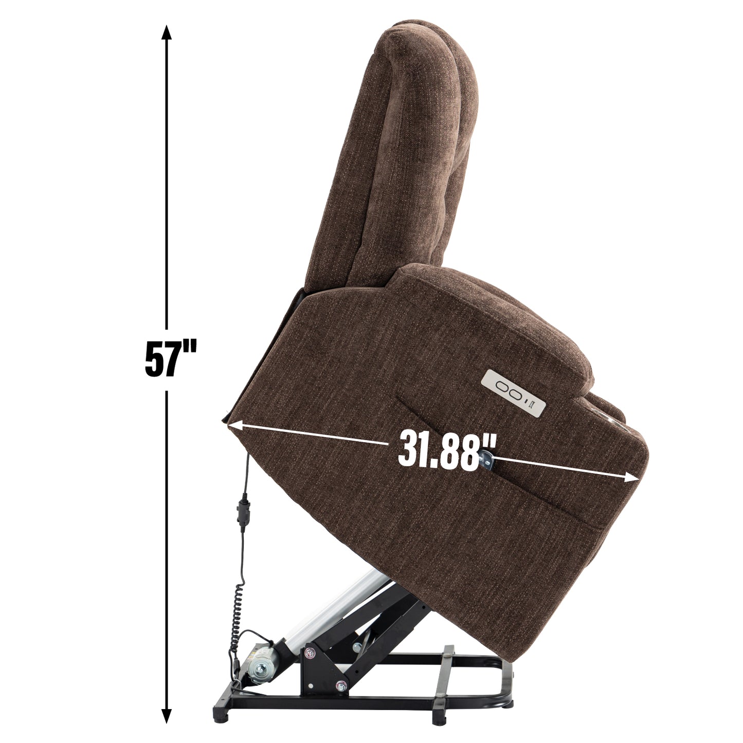 Brown fabric lift recliner chair with electric lift mechanism for easy standing