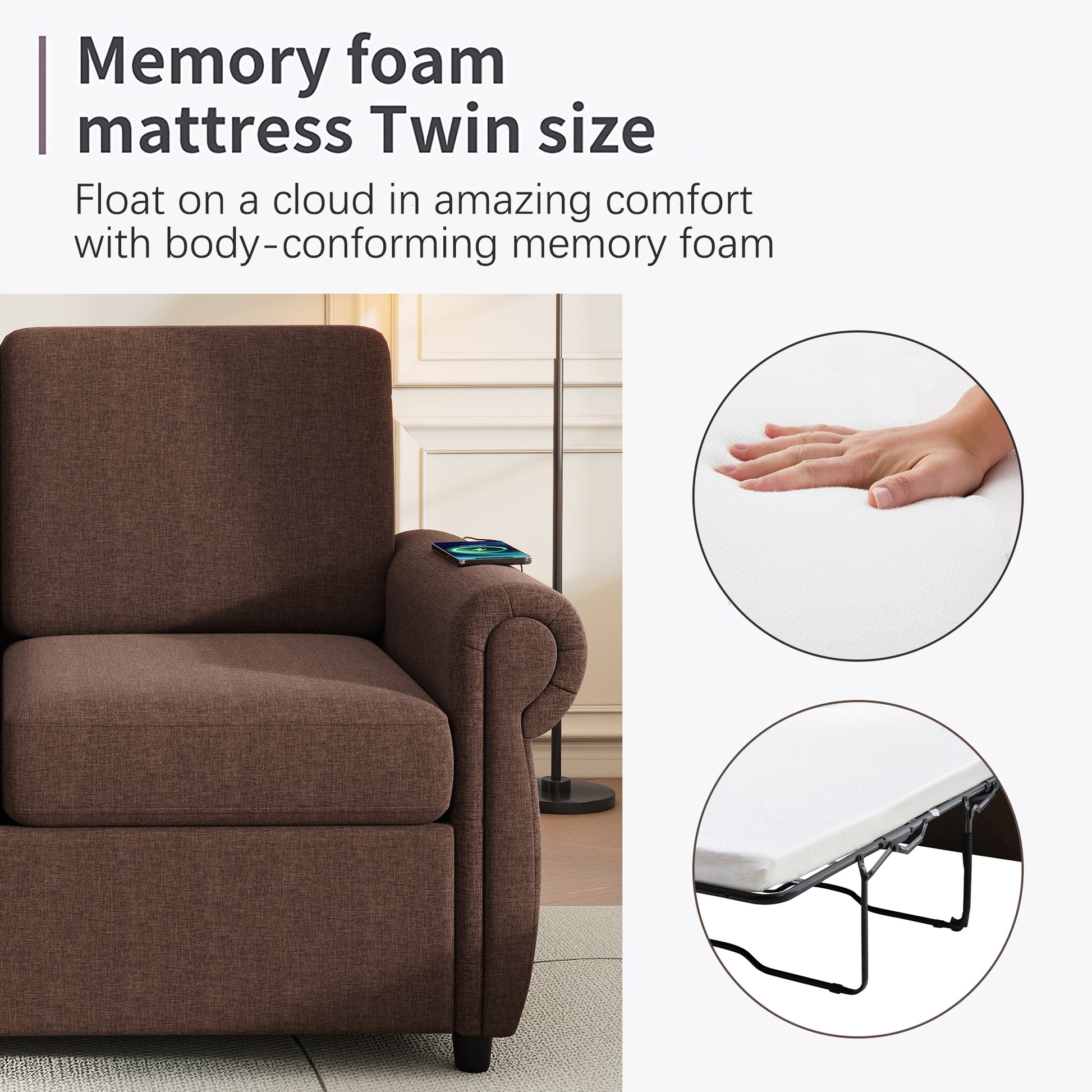 Twin size memory foam mattress in brown fabric compact and comfortable
