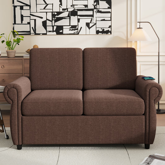 Brown upholstered sofa with rolled arms and integrated wireless charger on armrest