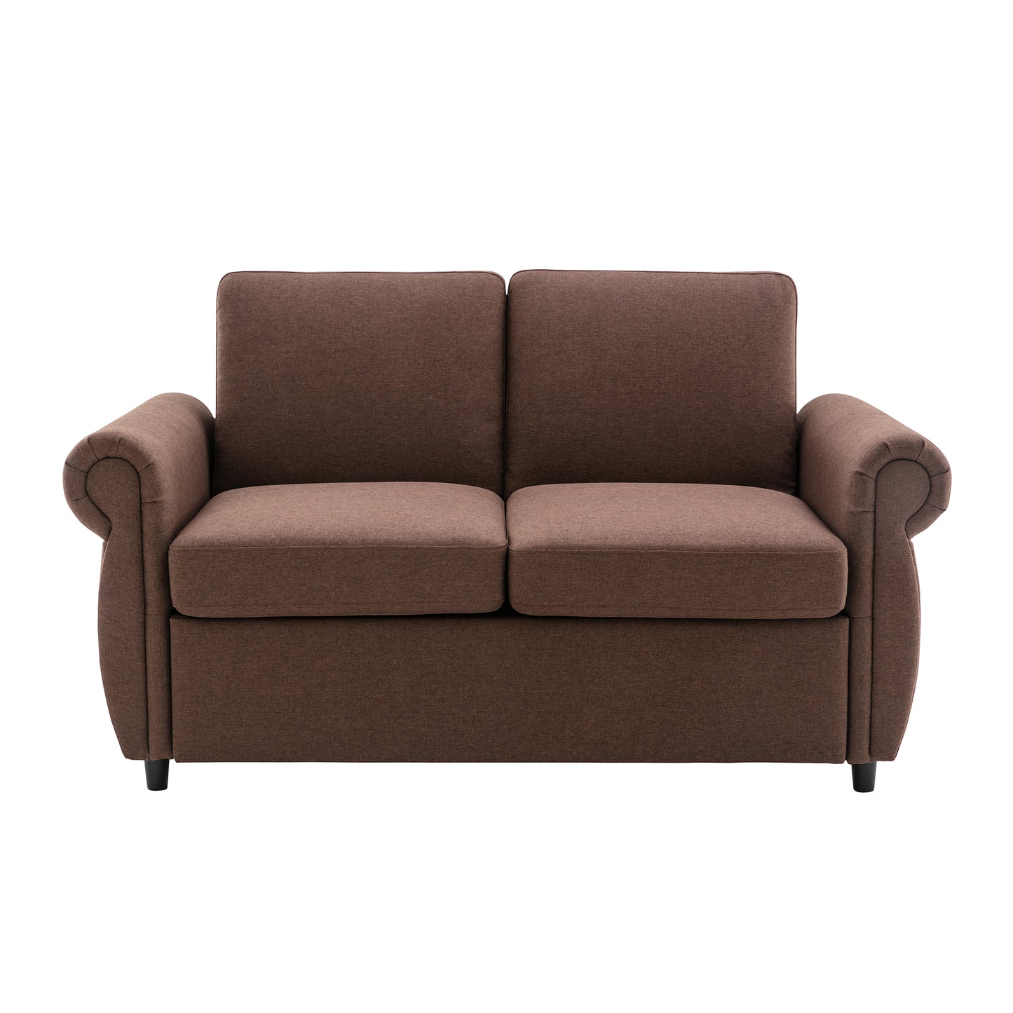 Brown fabric loveseat with rolled arms and two seat cushions