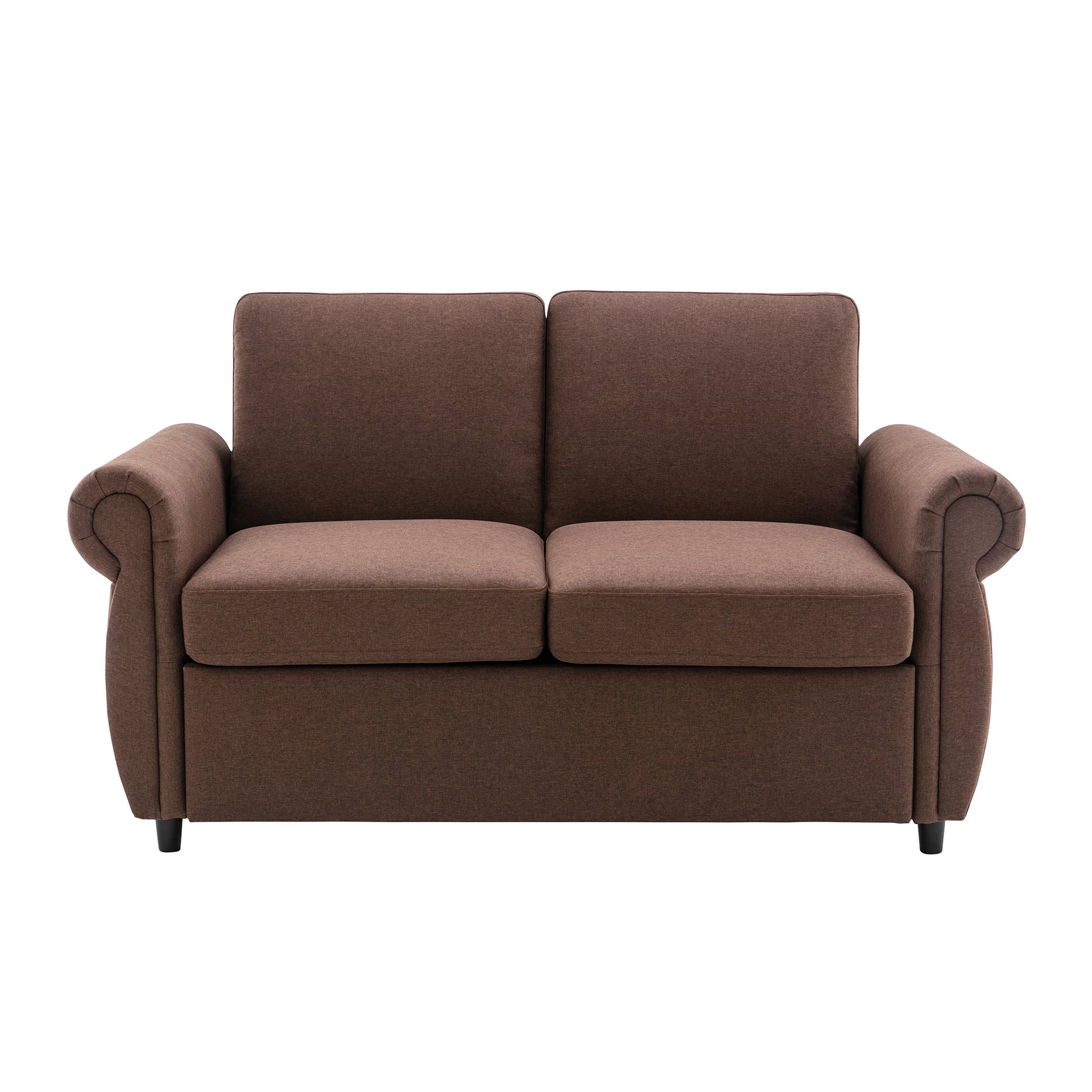 Brown fabric loveseat with rolled arms and two seat cushions