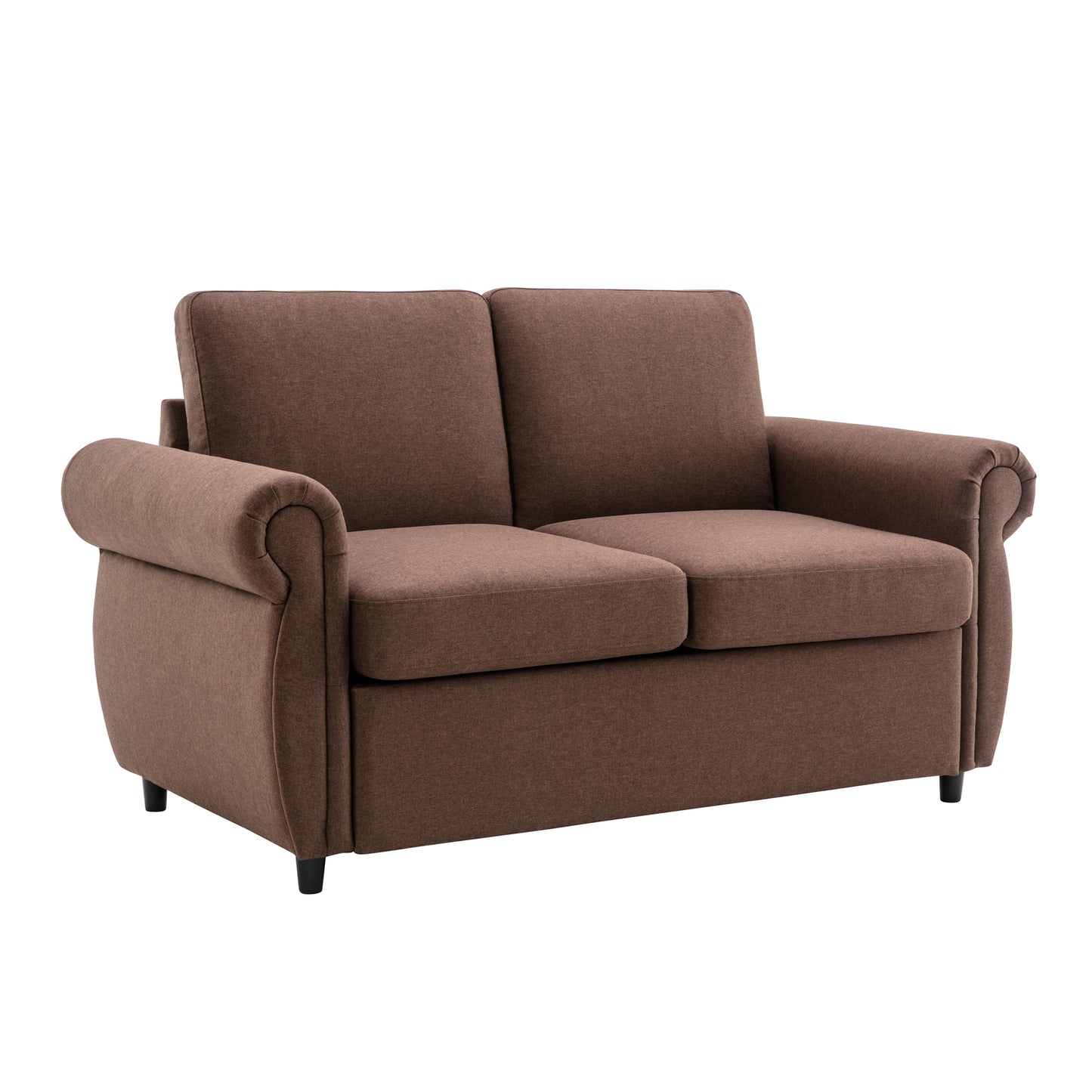 Brown fabric loveseat with rolled arms and plush cushions perfect for small spaces